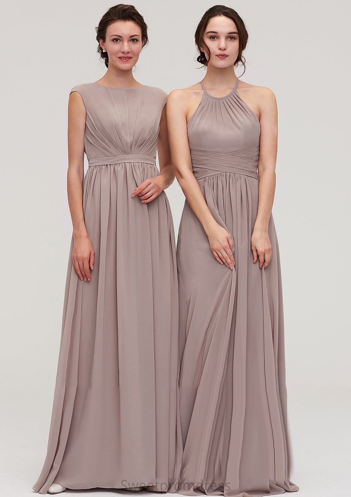 Bateau Sleeveless A-line/Princess Chiffon Long/Floor-Length Bridesmaid Dresses With Pleated Leanna DHP0025420