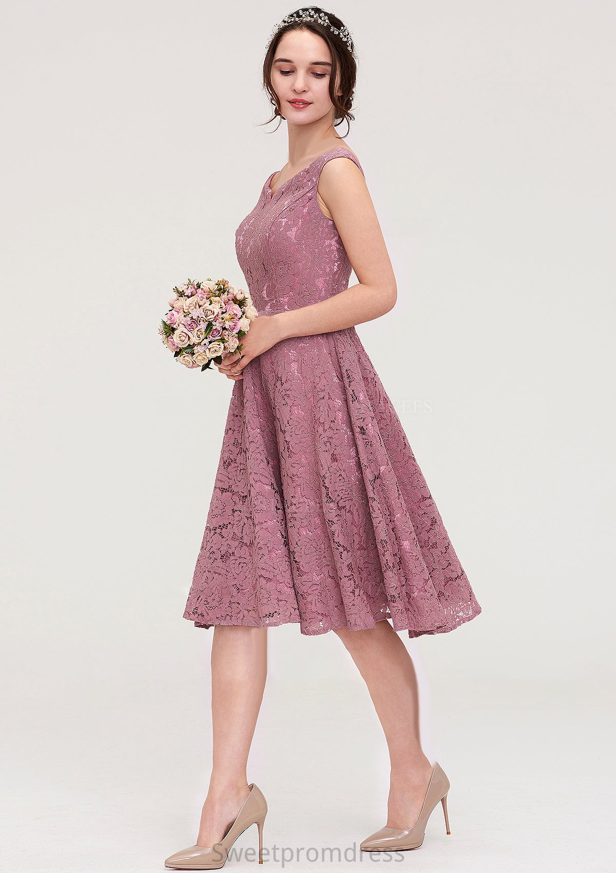 Sweetheart Sleeveless A-line/Princess Lace Knee-Length Bridesmaid Dresses Jessica DHP0025421