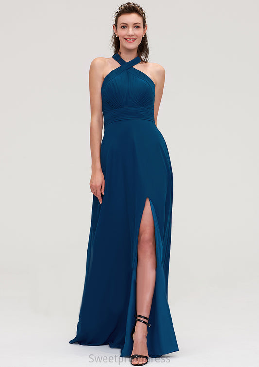 Scalloped Neck Sleeveless A-line/Princess Chiffon Long/Floor-Length Bridesmaid Dresseses With Split Pleated Nola DHP0025424