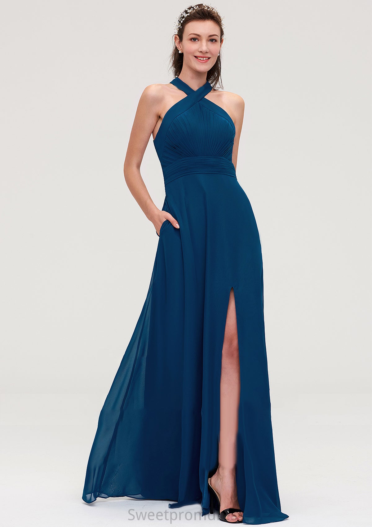 Scalloped Neck Sleeveless A-line/Princess Chiffon Long/Floor-Length Bridesmaid Dresseses With Split Pleated Nola DHP0025424