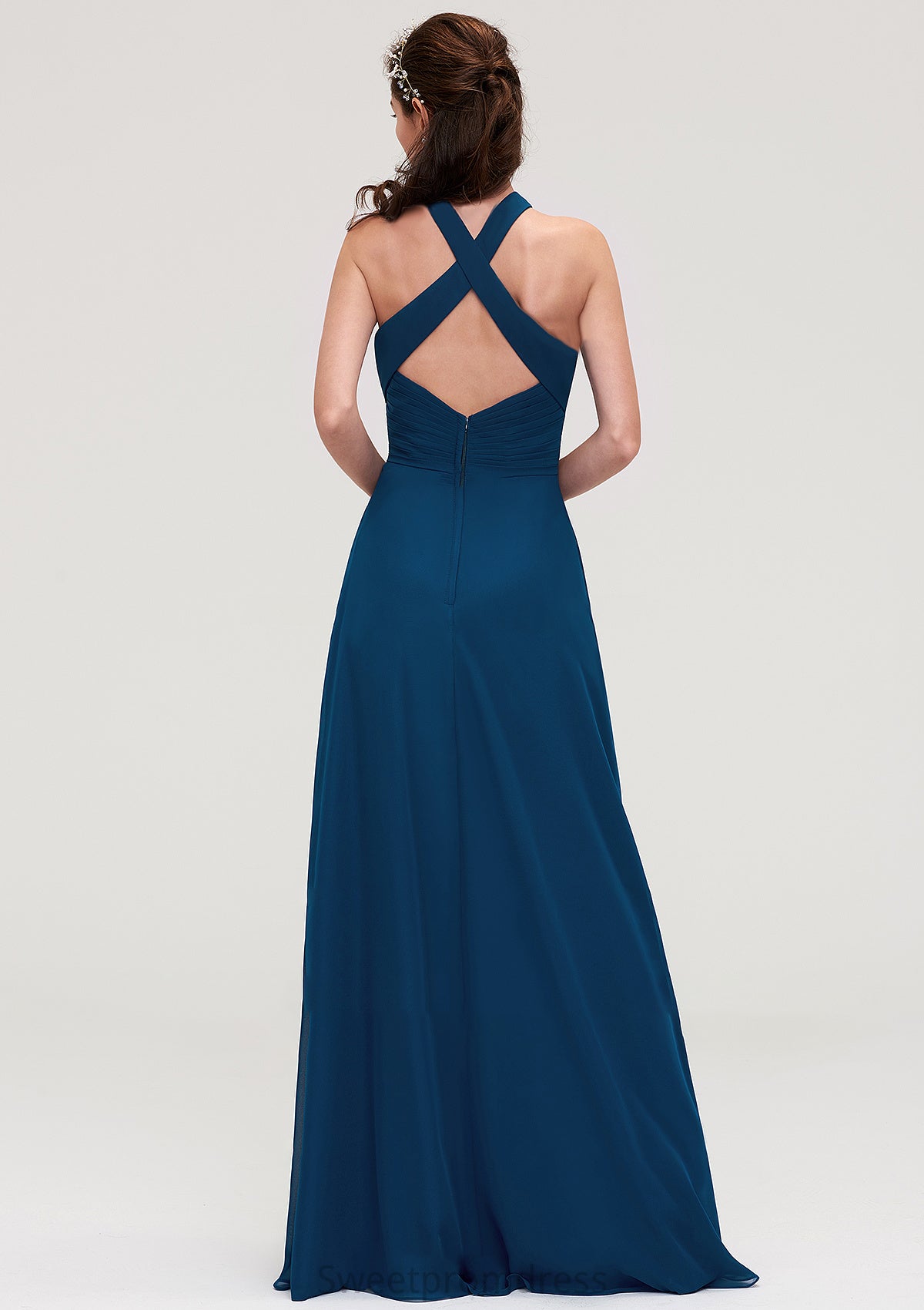 Scalloped Neck Sleeveless A-line/Princess Chiffon Long/Floor-Length Bridesmaid Dresseses With Split Pleated Nola DHP0025424