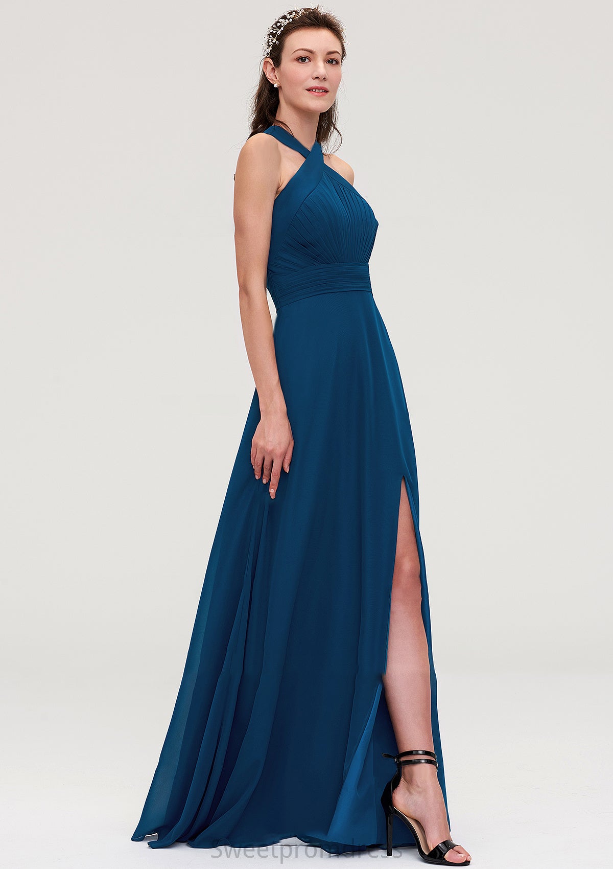 Scalloped Neck Sleeveless A-line/Princess Chiffon Long/Floor-Length Bridesmaid Dresseses With Split Pleated Nola DHP0025424