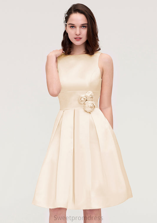 Sleeveless Bateau Knee-Length Satin A-line/Princess Bridesmaid Dresses With Pleated Flowers Janessa DHP0025425