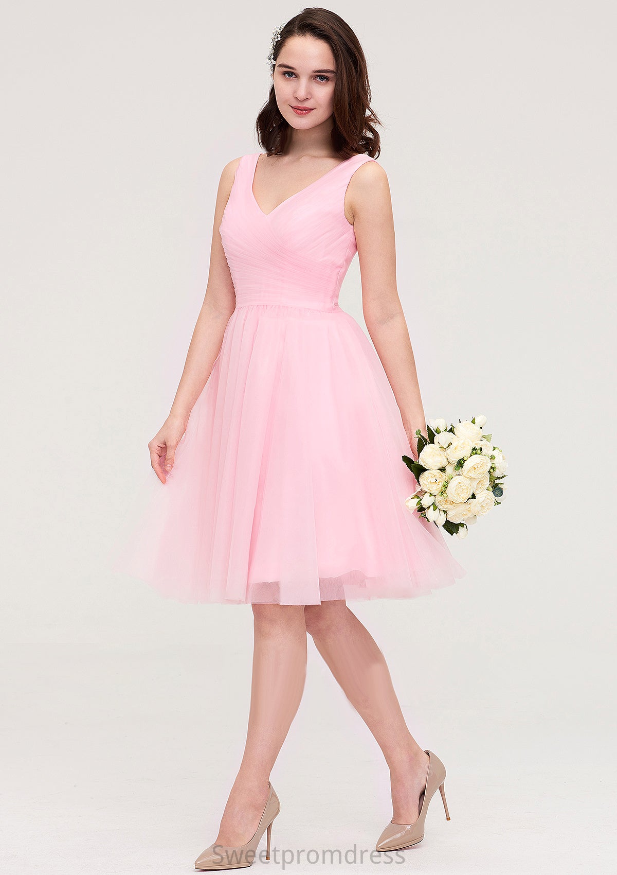 Sleeveless V Neck Knee-Length Tulle A-line/Princess Bridesmaid Dresses With Pleated Angie DHP0025426