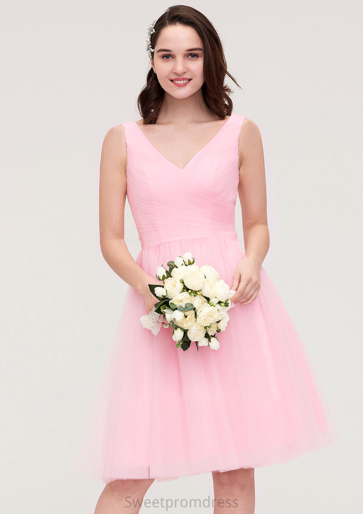 Sleeveless V Neck Knee-Length Tulle A-line/Princess Bridesmaid Dresses With Pleated Angie DHP0025426