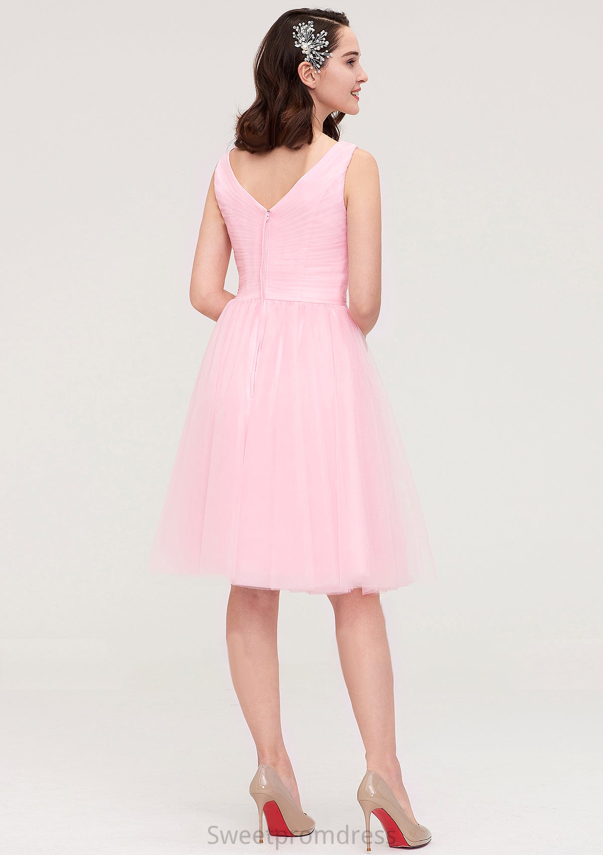 Sleeveless V Neck Knee-Length Tulle A-line/Princess Bridesmaid Dresses With Pleated Angie DHP0025426