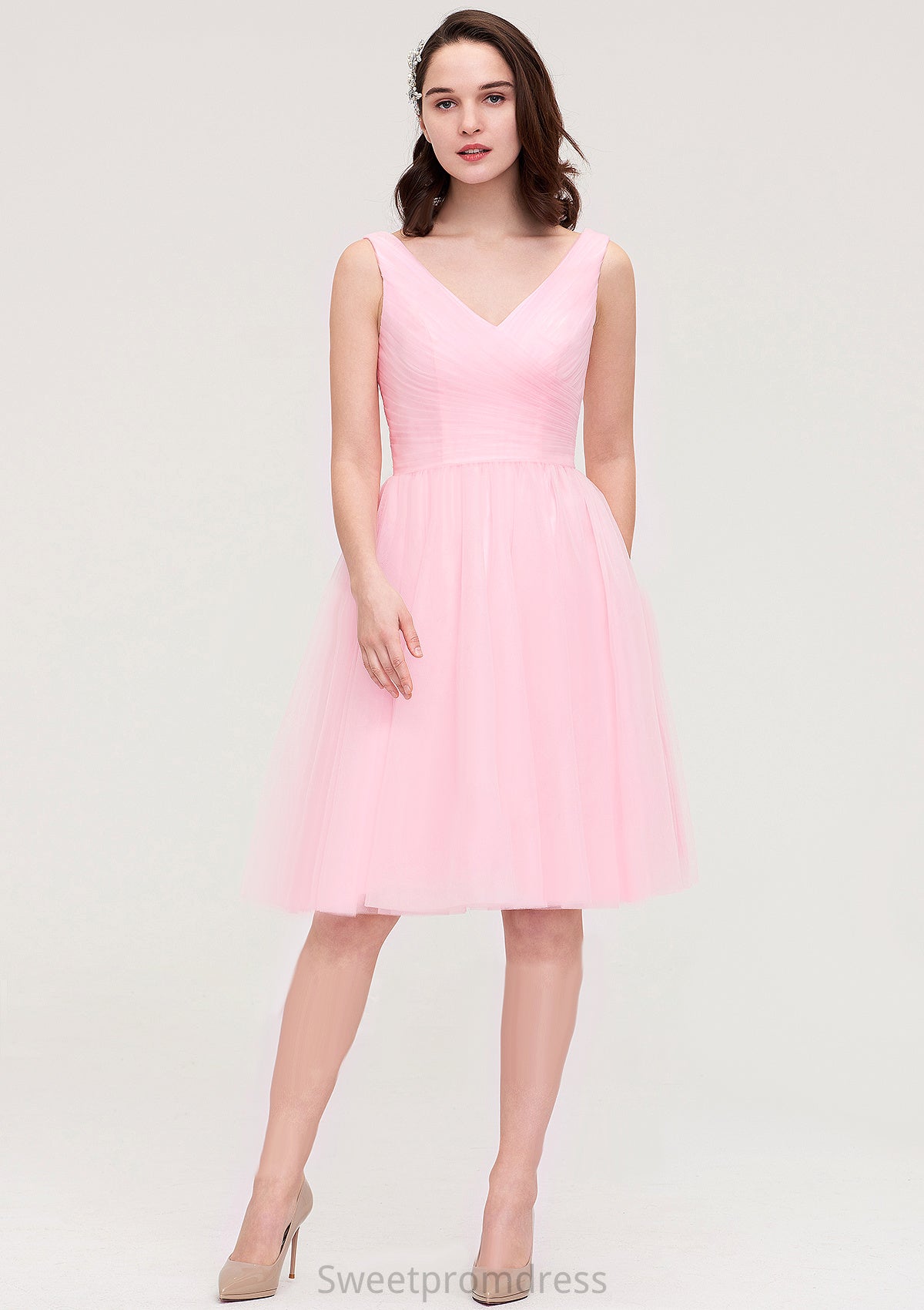 Sleeveless V Neck Knee-Length Tulle A-line/Princess Bridesmaid Dresses With Pleated Angie DHP0025426