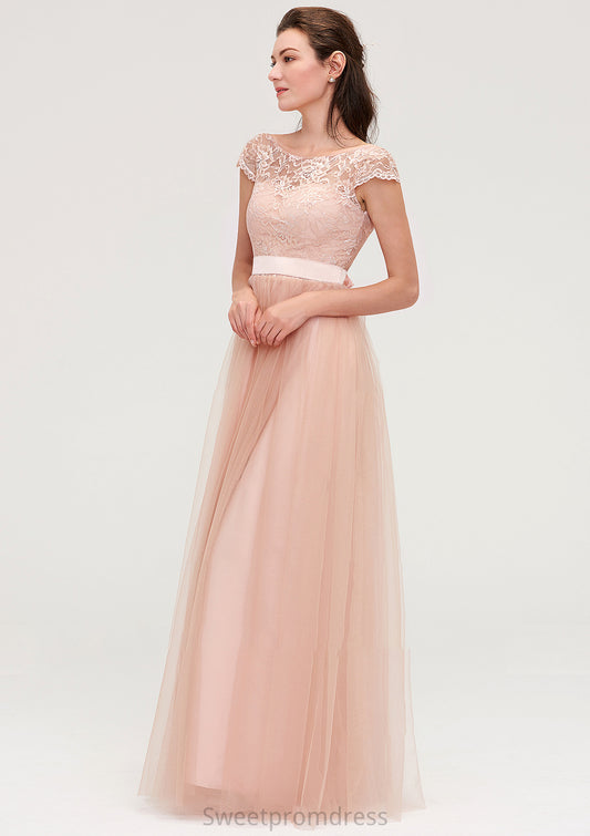 Bateau Sleeveless Tulle A-line/Princess Long/Floor-Length Bridesmaid Dresseses With Sashes Lace Danna DHP0025427