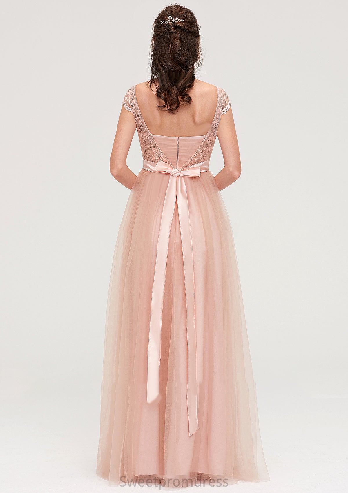 Bateau Sleeveless Tulle A-line/Princess Long/Floor-Length Bridesmaid Dresseses With Sashes Lace Danna DHP0025427