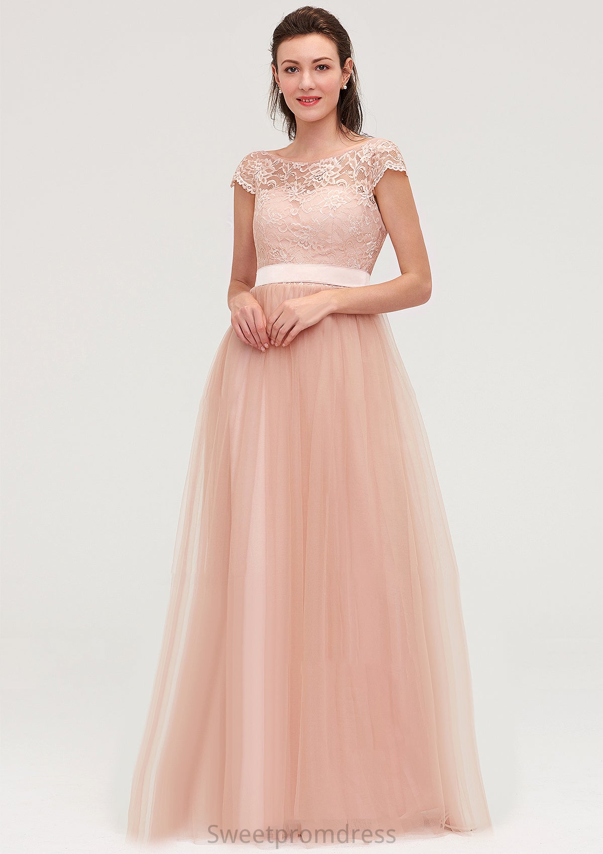 Bateau Sleeveless Tulle A-line/Princess Long/Floor-Length Bridesmaid Dresseses With Sashes Lace Danna DHP0025427