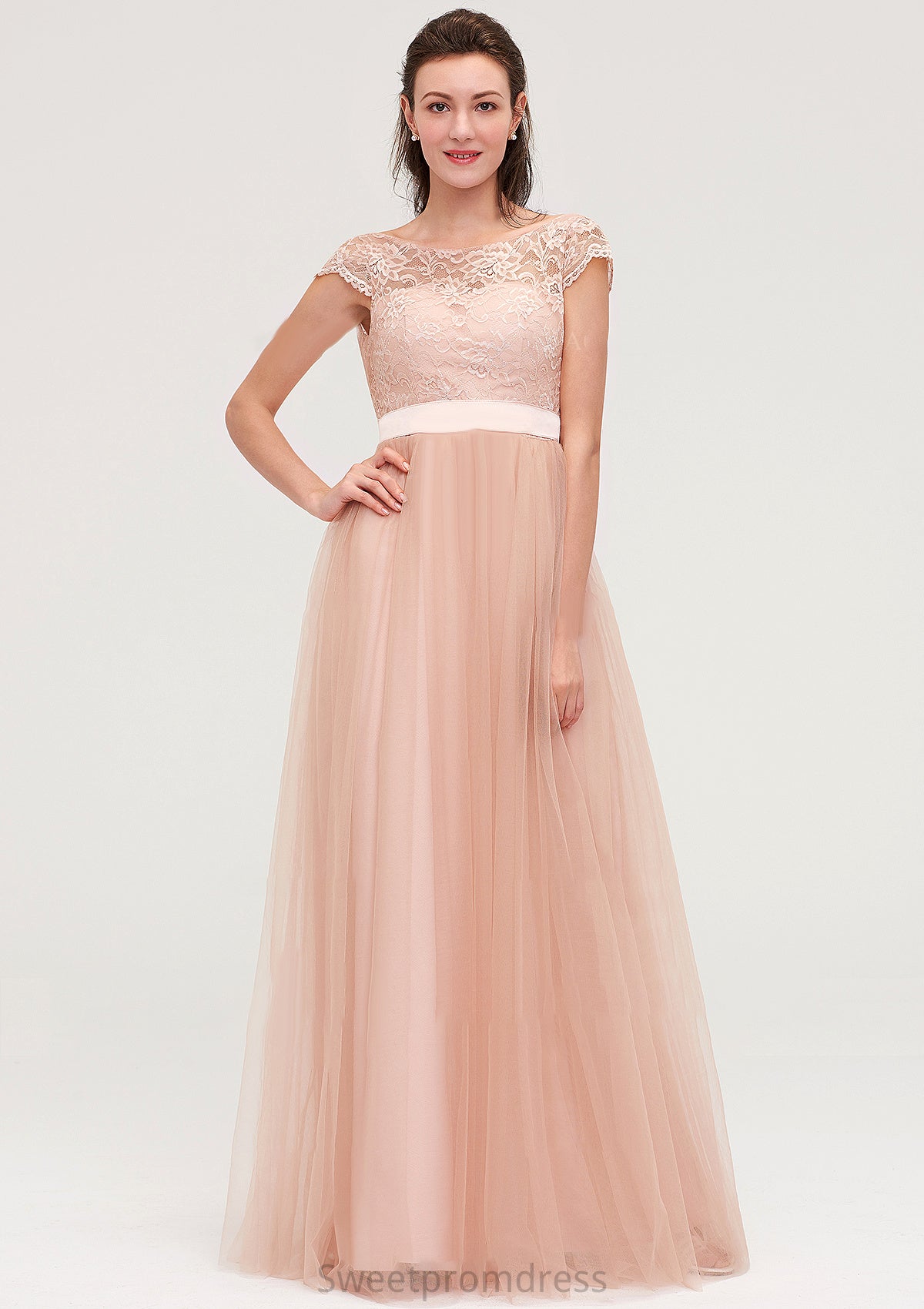 Bateau Sleeveless Tulle A-line/Princess Long/Floor-Length Bridesmaid Dresseses With Sashes Lace Danna DHP0025427