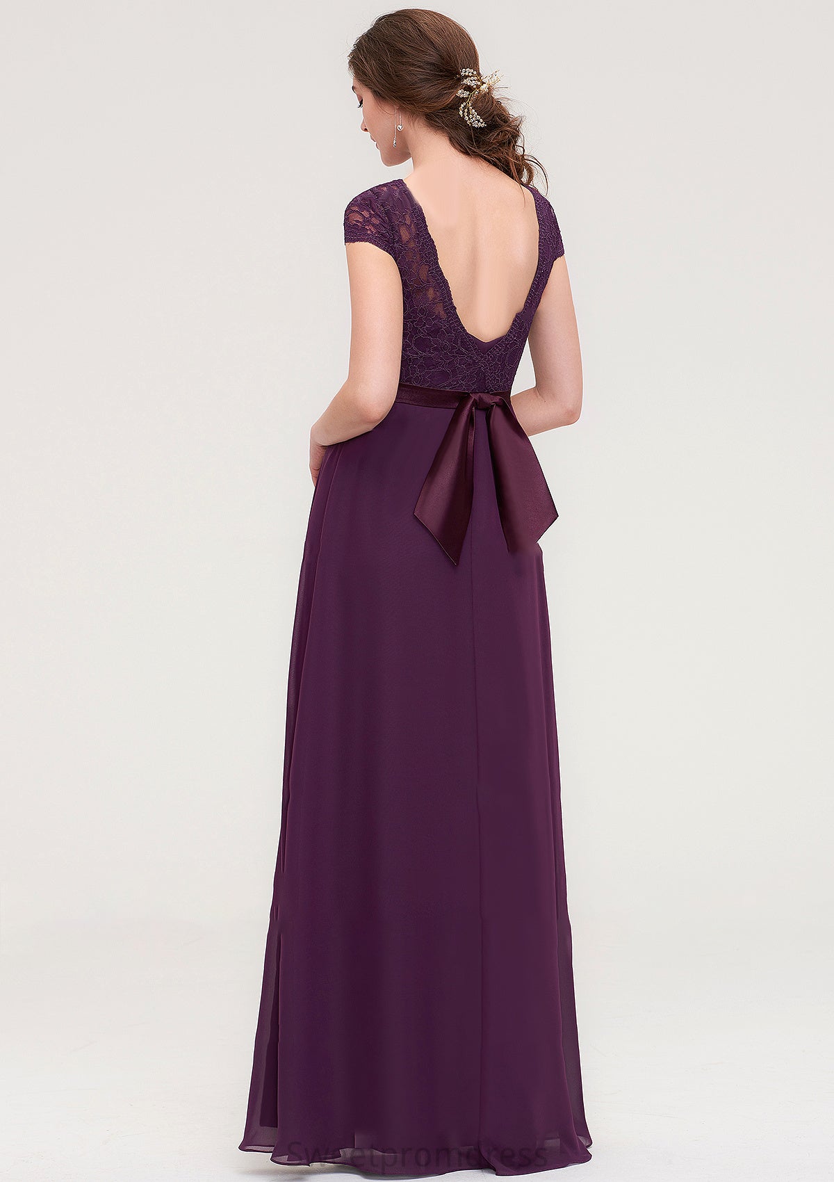 Short Sleeve Bateau Long/Floor-Length  Chiffon A-line/Princess Bridesmaid Dresses With Sashes Lace Joy DHP0025428