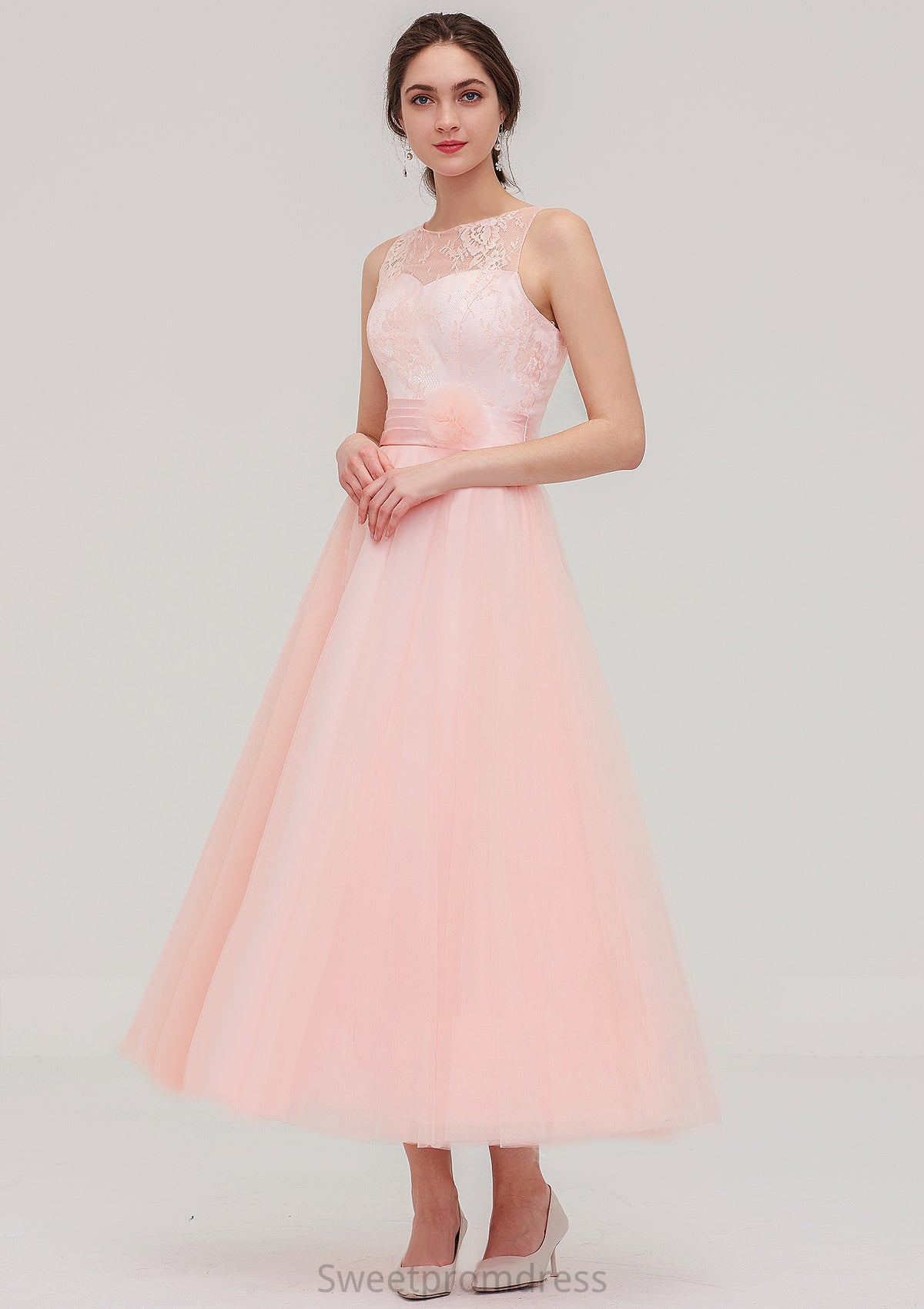 Tea-Length Sleeveless Bateau Tulle A-line/Princess Bridesmaid Dresses With Waistband Lace Lara DHP0025429