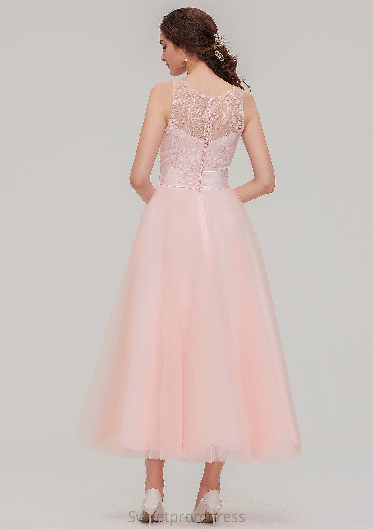 Tea-Length Sleeveless Bateau Tulle A-line/Princess Bridesmaid Dresses With Waistband Lace Lara DHP0025429