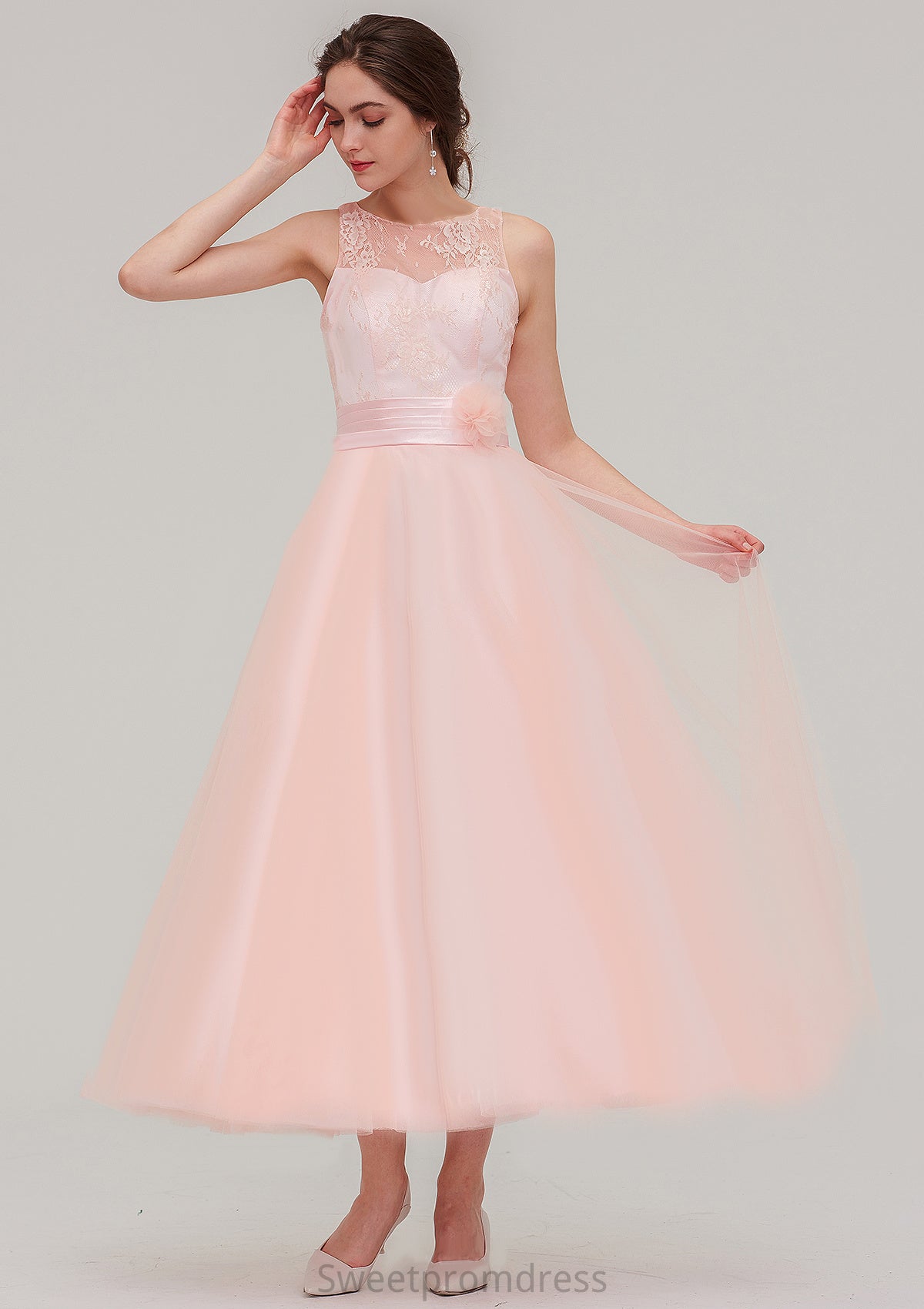 Tea-Length Sleeveless Bateau Tulle A-line/Princess Bridesmaid Dresses With Waistband Lace Lara DHP0025429