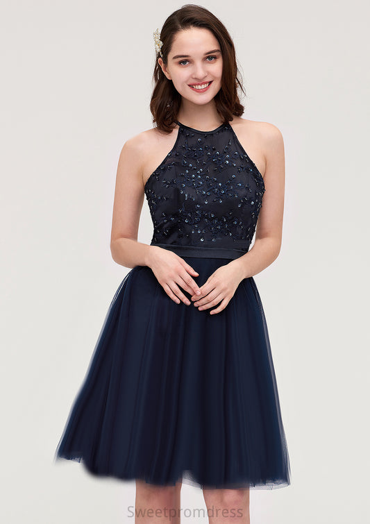 Sleeveless Halter Knee-Length Tulle A-line/Princess Bridesmaid Dresses With Sequins Appliqued Sashes Sophronia DHP0025430