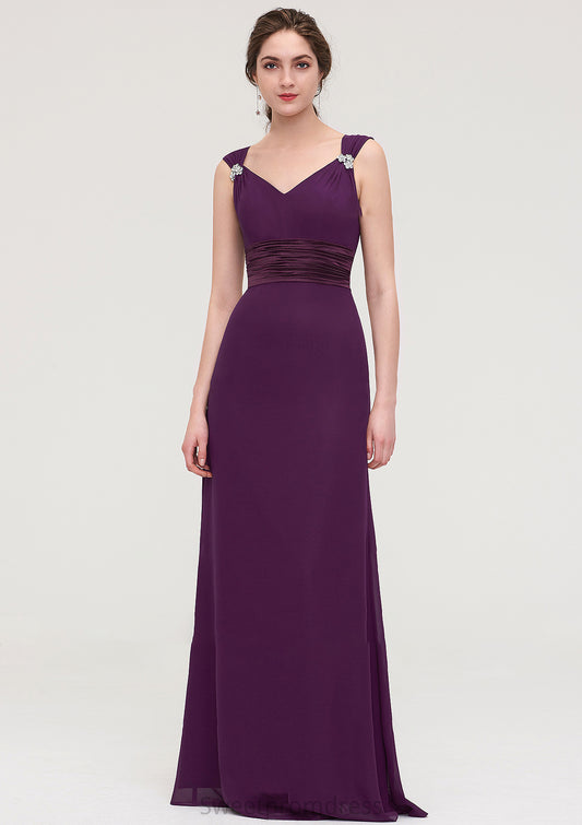 Sleeveless V Neck Long/Floor-Length Sheath/Column Chiffon Bridesmaid Dresses With Sashes Beading Pleated Alyssa DHP0025432