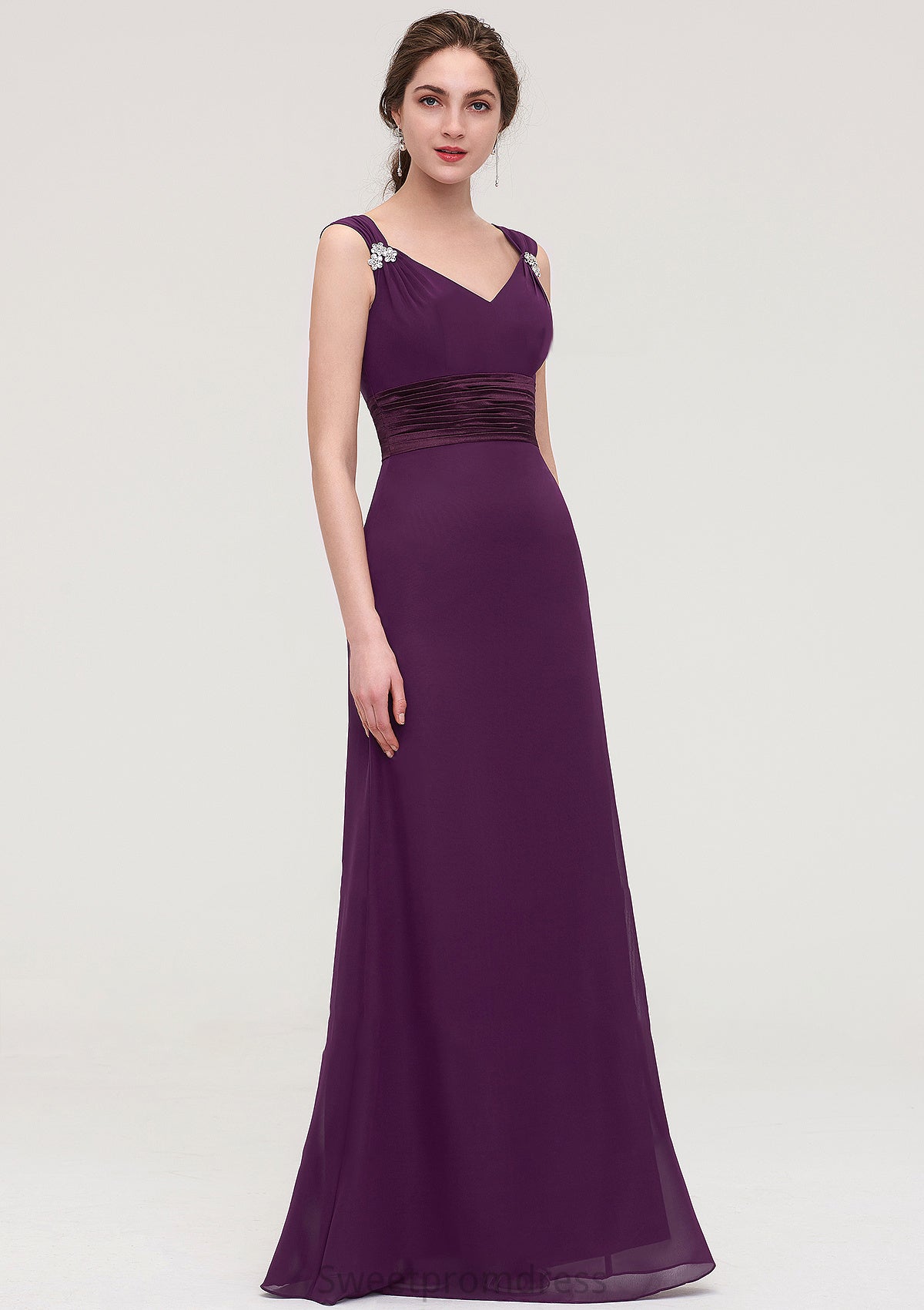 Sleeveless V Neck Long/Floor-Length Sheath/Column Chiffon Bridesmaid Dresses With Sashes Beading Pleated Alyssa DHP0025432