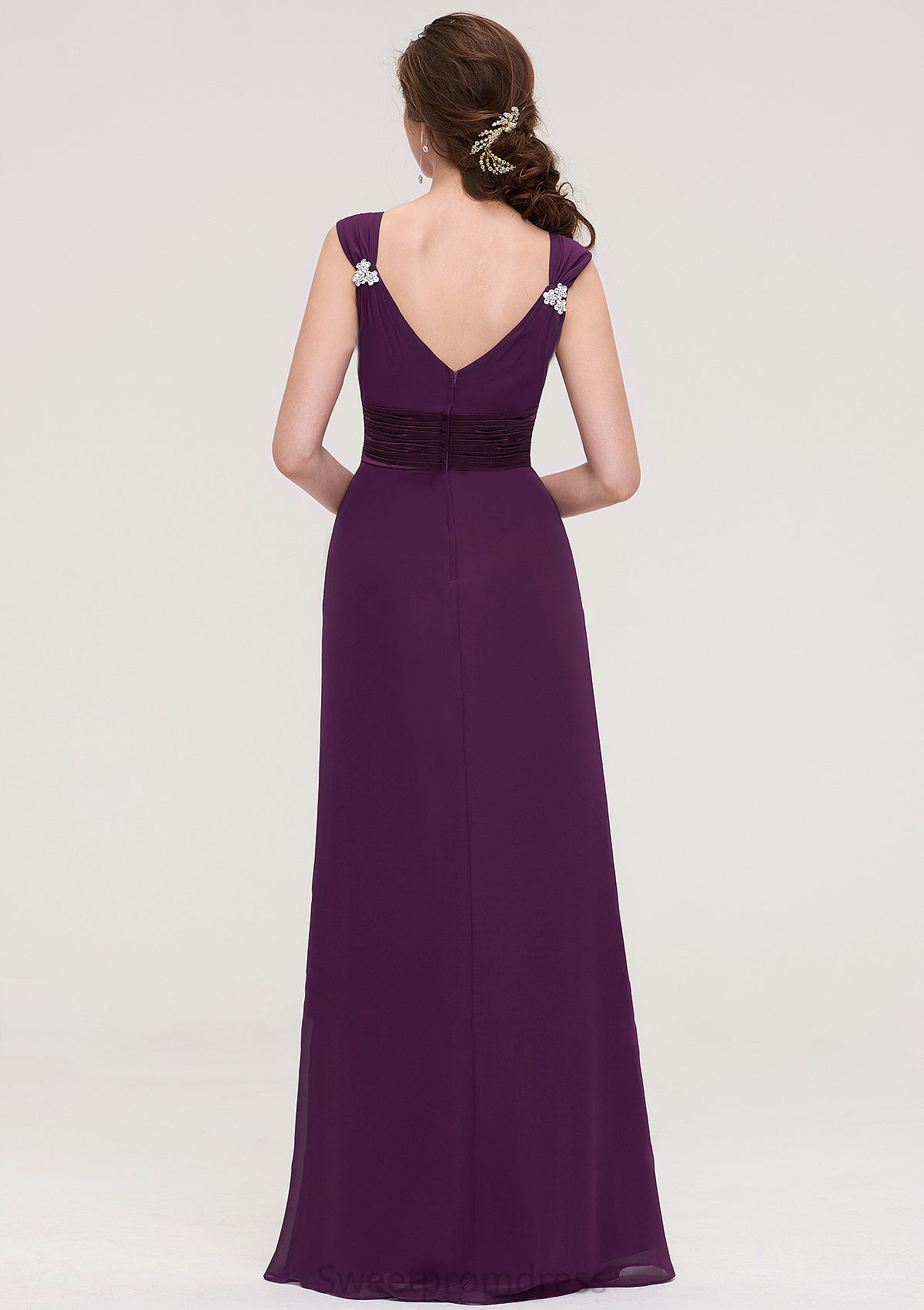 Sleeveless V Neck Long/Floor-Length Sheath/Column Chiffon Bridesmaid Dresses With Sashes Beading Pleated Alyssa DHP0025432