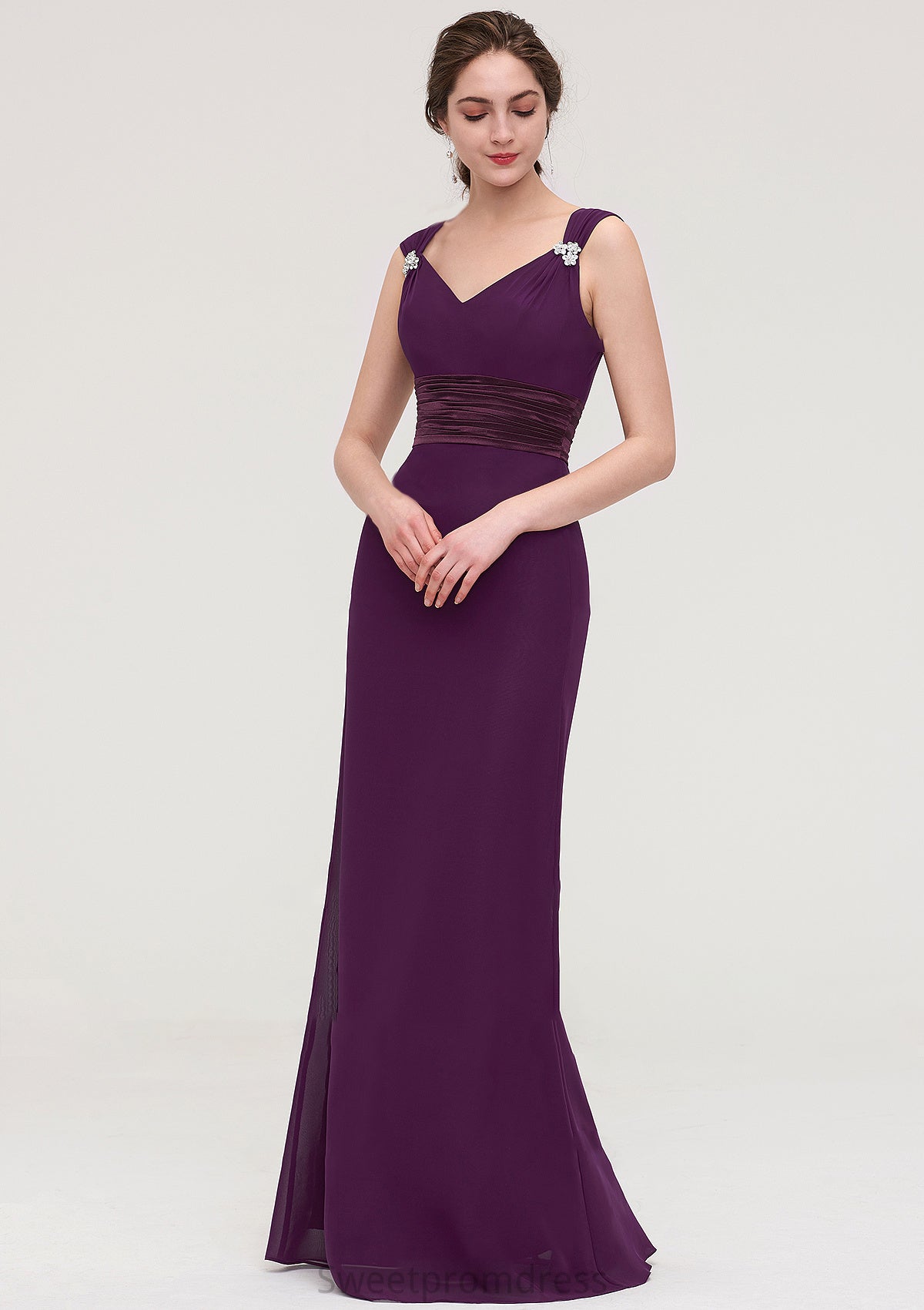 Sleeveless V Neck Long/Floor-Length Sheath/Column Chiffon Bridesmaid Dresses With Sashes Beading Pleated Alyssa DHP0025432