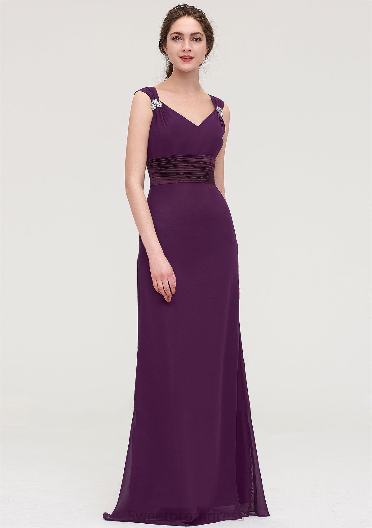 Sleeveless V Neck Long/Floor-Length Sheath/Column Chiffon Bridesmaid Dresses With Sashes Beading Pleated Alyssa DHP0025432