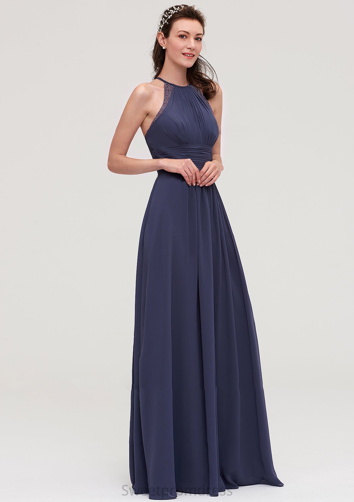 Scoop Neck Sleeveless A-line/Princess Chiffon Long/Floor-Length Bridesmaid Dresseses With Pleated Appliqued Leah DHP0025439