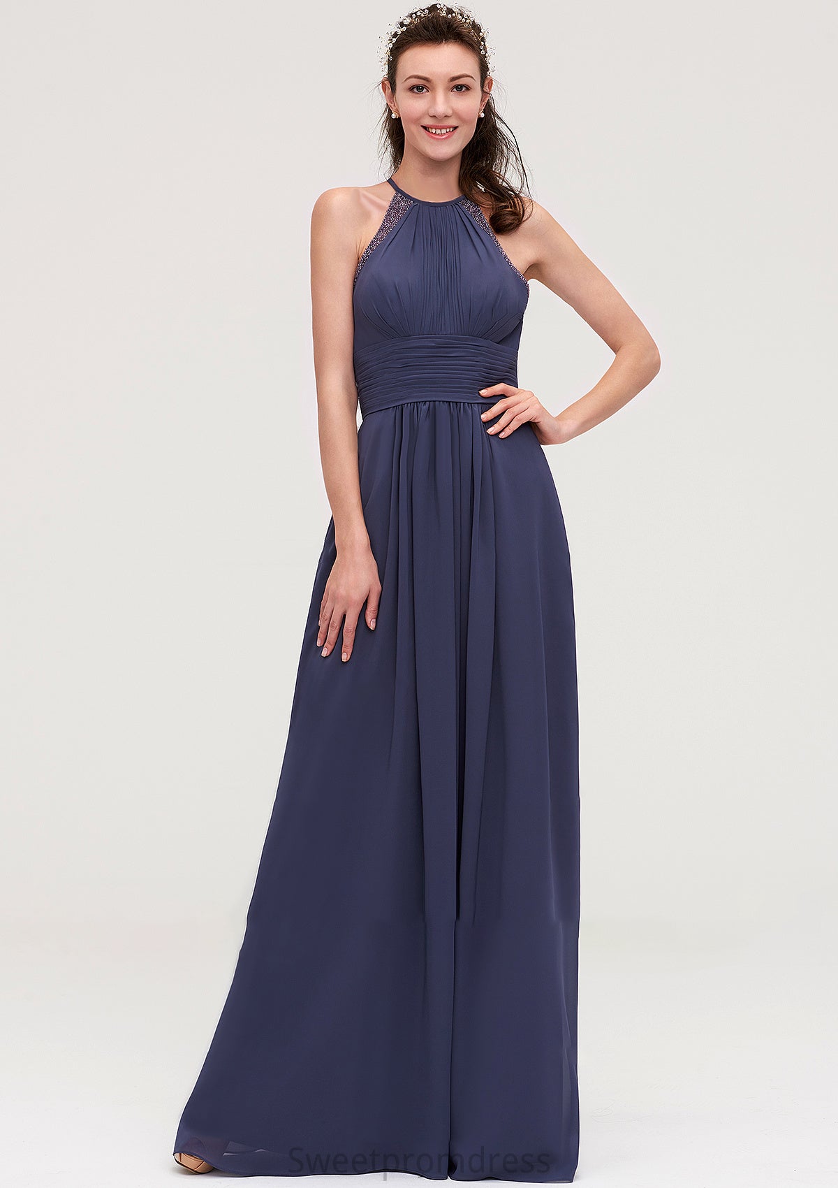 Scoop Neck Sleeveless A-line/Princess Chiffon Long/Floor-Length Bridesmaid Dresseses With Pleated Appliqued Leah DHP0025439