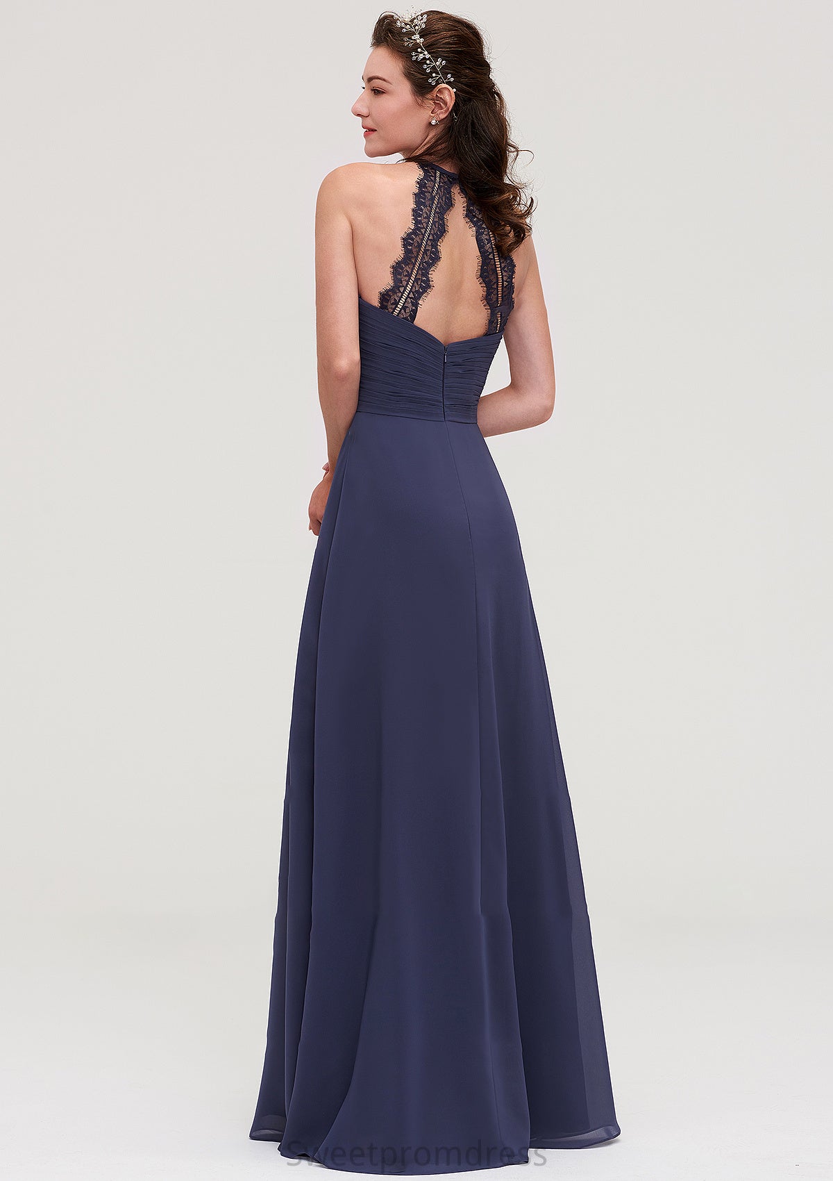 Scoop Neck Sleeveless A-line/Princess Chiffon Long/Floor-Length Bridesmaid Dresseses With Pleated Appliqued Leah DHP0025439