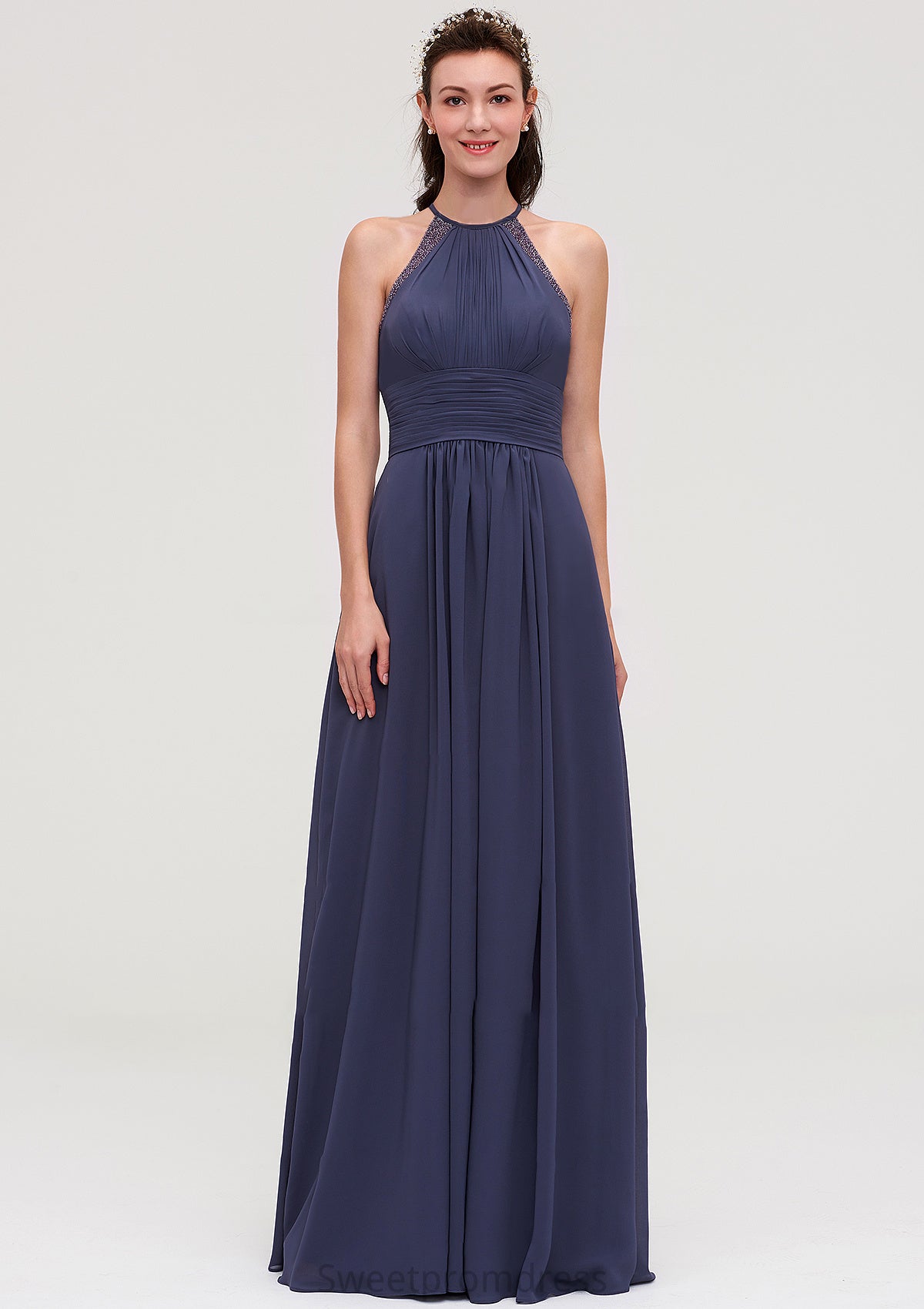 Scoop Neck Sleeveless A-line/Princess Chiffon Long/Floor-Length Bridesmaid Dresseses With Pleated Appliqued Leah DHP0025439