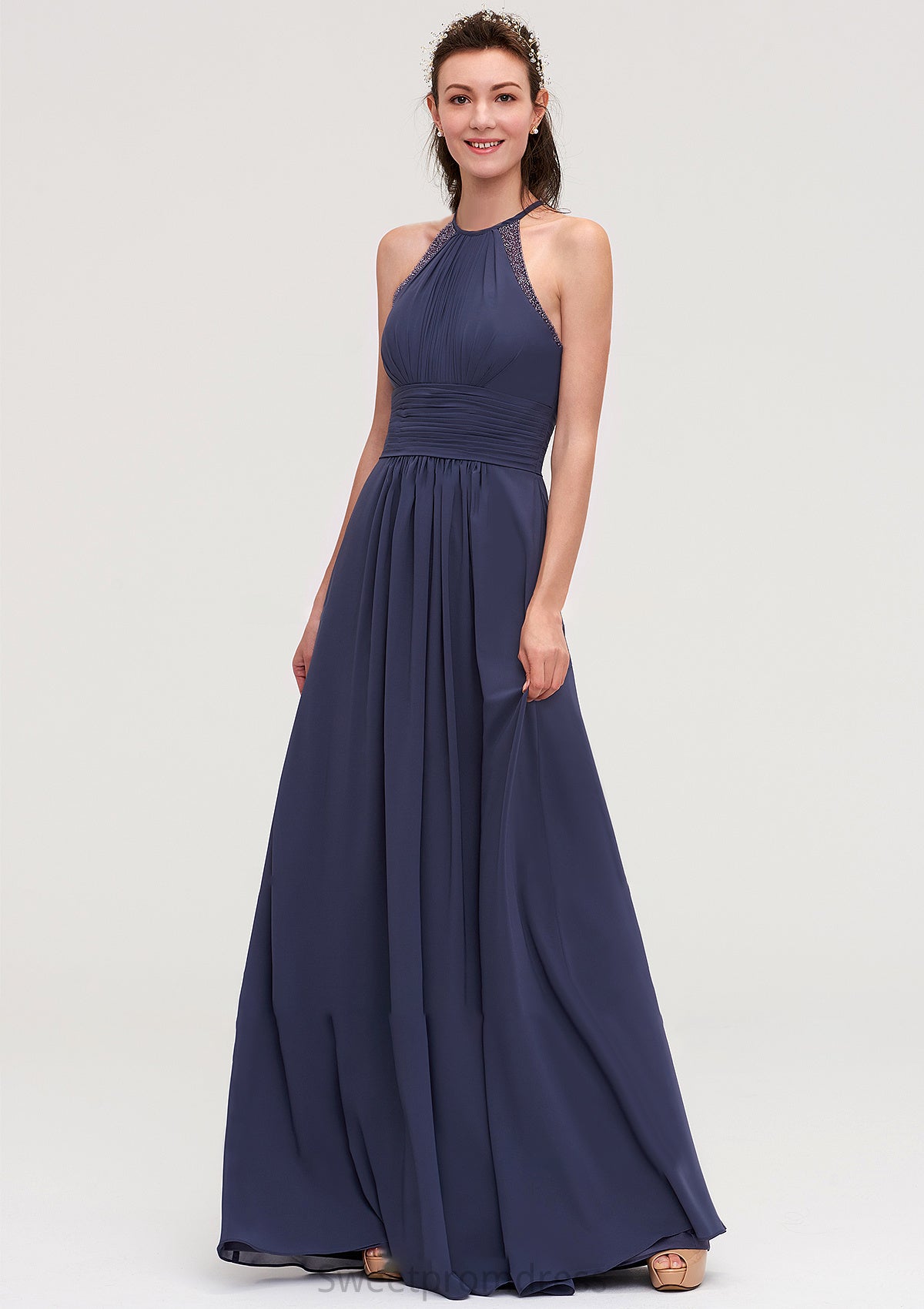 Scoop Neck Sleeveless A-line/Princess Chiffon Long/Floor-Length Bridesmaid Dresseses With Pleated Appliqued Leah DHP0025439