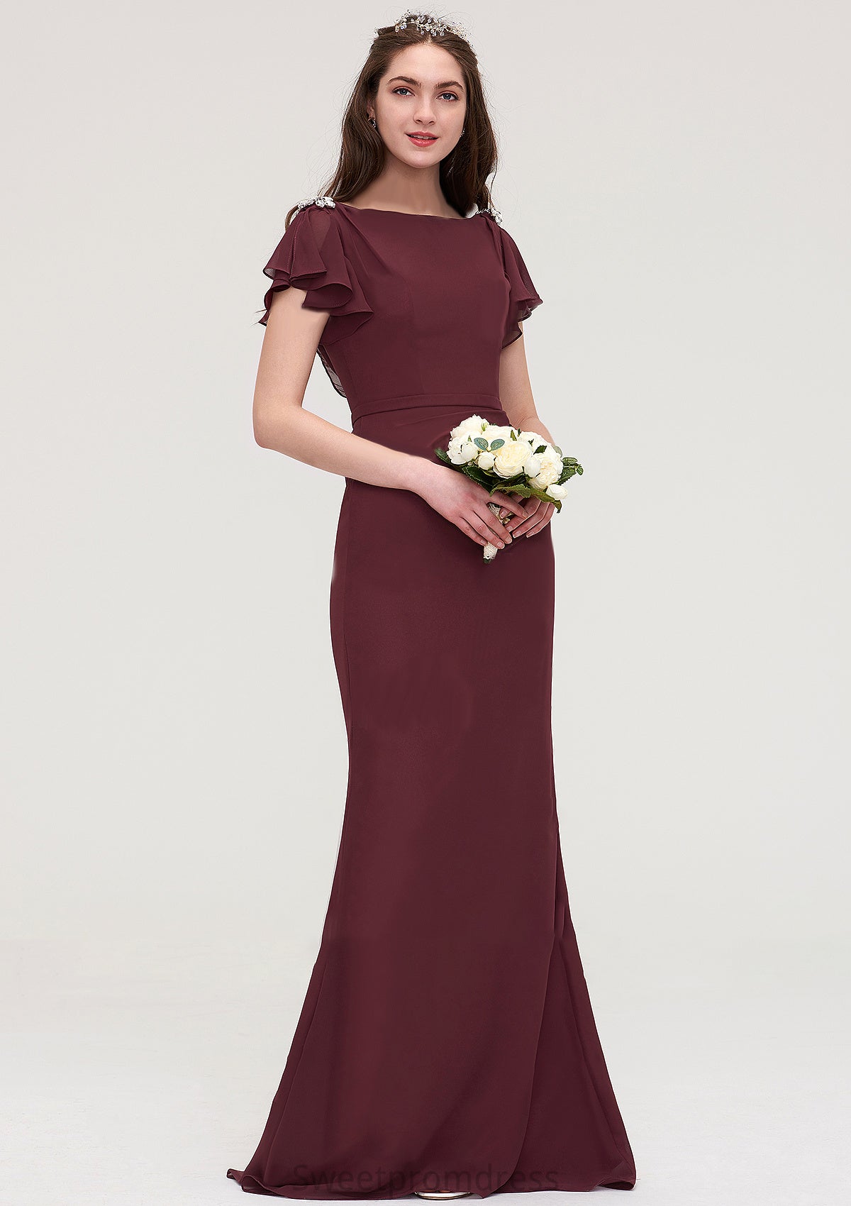 Short Sleeve Bateau Long/Floor-Length Sheath/Column Chiffon Bridesmaid Dresses With Crystal Detailing Sashes Ginny DHP0025440