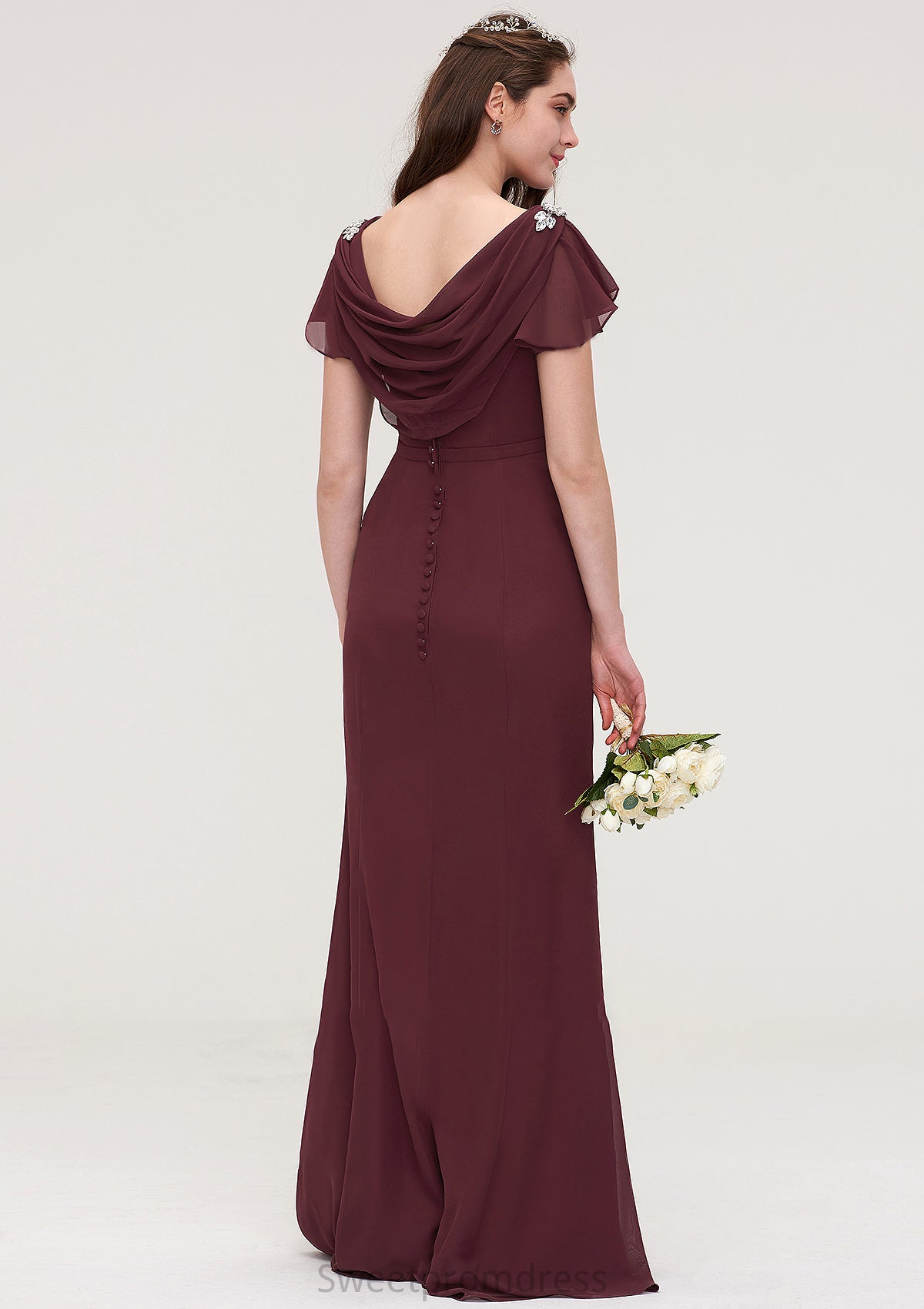 Short Sleeve Bateau Long/Floor-Length Sheath/Column Chiffon Bridesmaid Dresses With Crystal Detailing Sashes Ginny DHP0025440