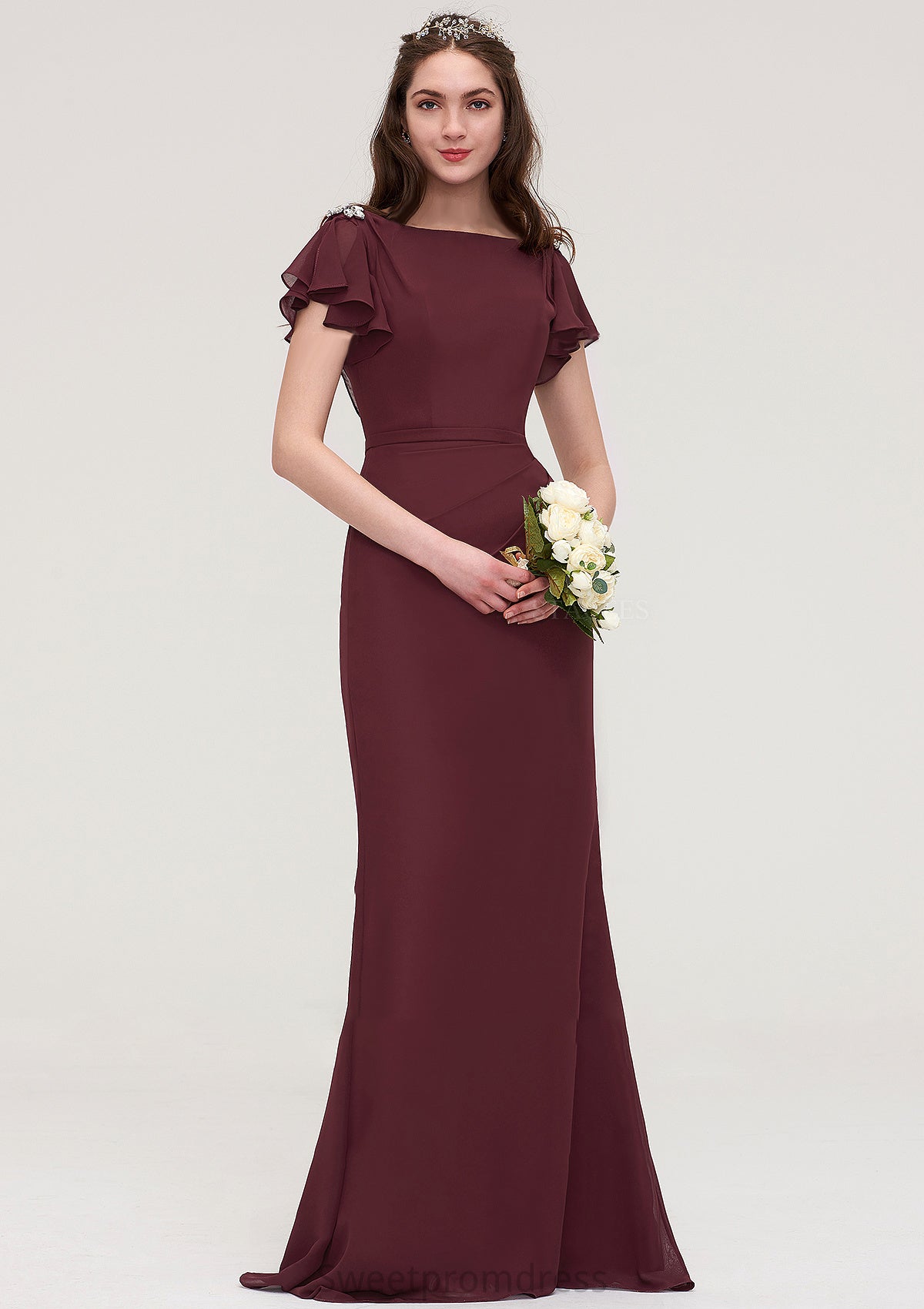 Short Sleeve Bateau Long/Floor-Length Sheath/Column Chiffon Bridesmaid Dresses With Crystal Detailing Sashes Ginny DHP0025440