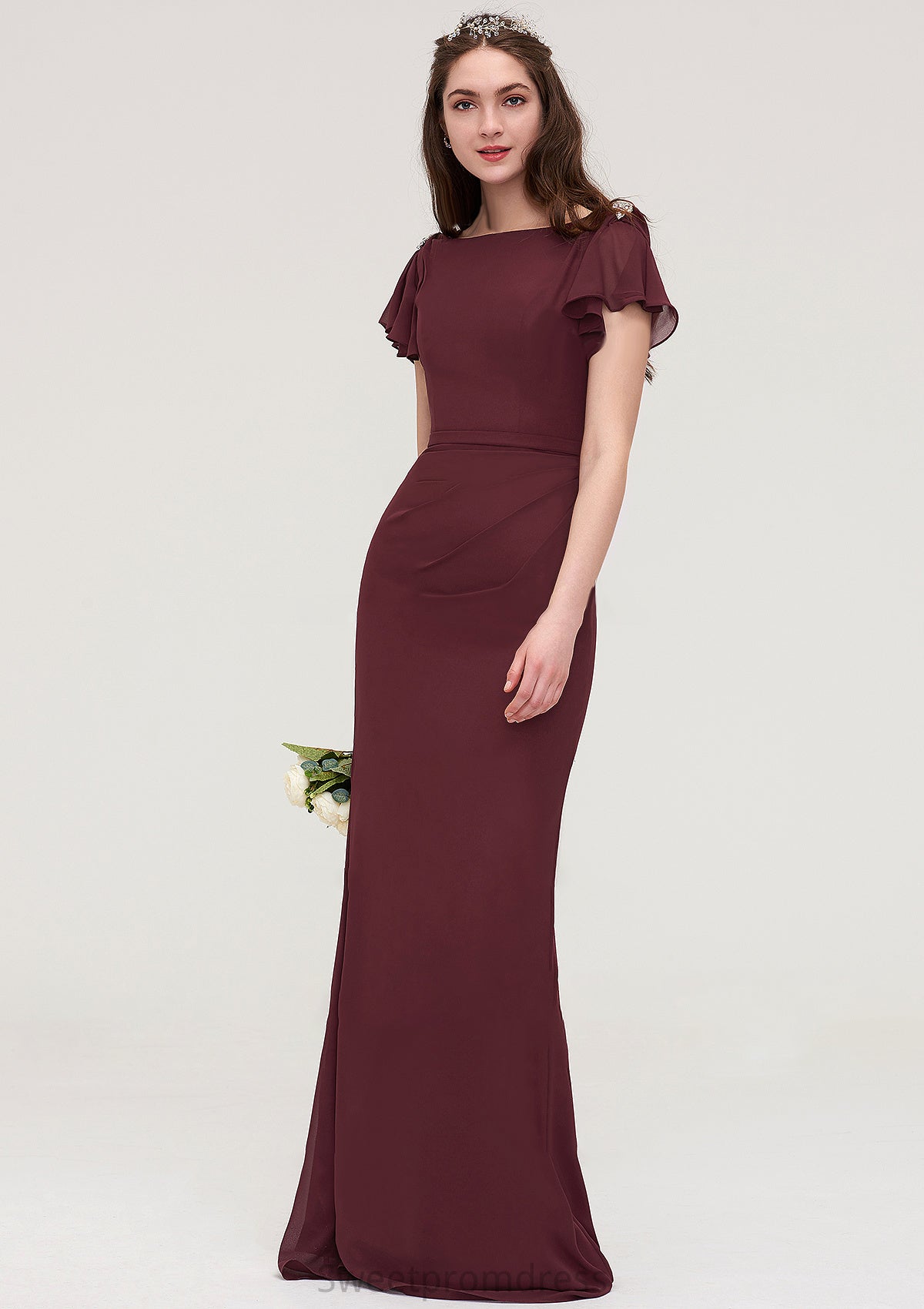 Short Sleeve Bateau Long/Floor-Length Sheath/Column Chiffon Bridesmaid Dresses With Crystal Detailing Sashes Ginny DHP0025440