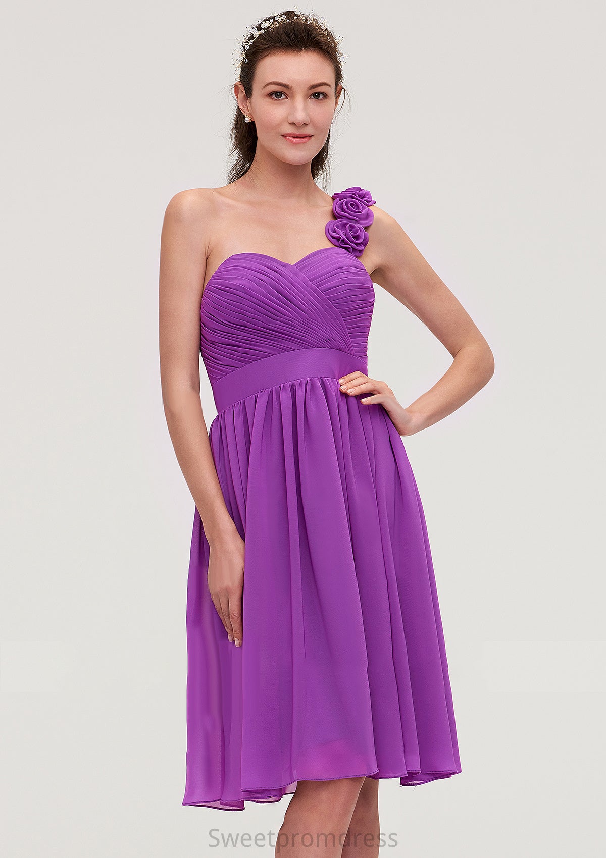 One-Shoulder Sleeveless Knee-Length Chiffon A-line/Princess Bridesmaid Dresseses With Pleated Flowers Carlee DHP0025441