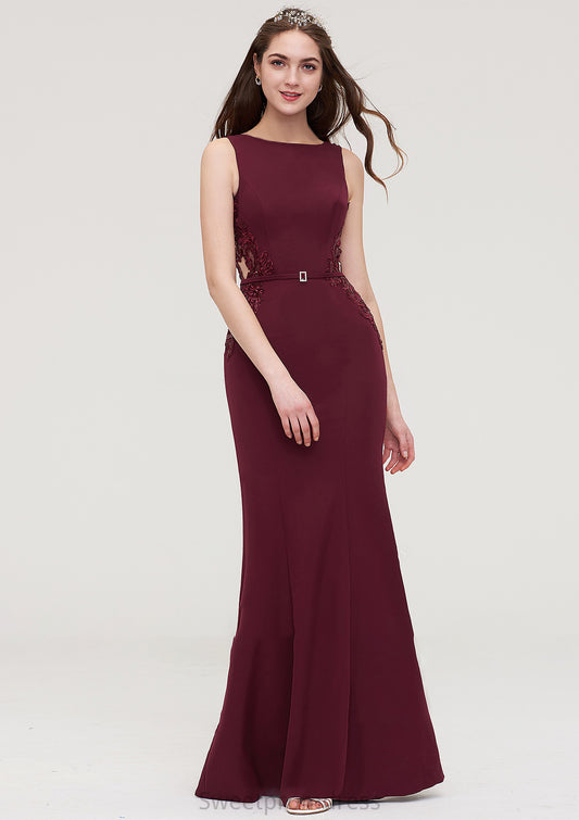 Bateau Sleeveless Sheath/Column Long/Floor-Length Elastic Satin Bridesmaid Dresses With Waistband Lace Sequins Emmalee DHP0025443