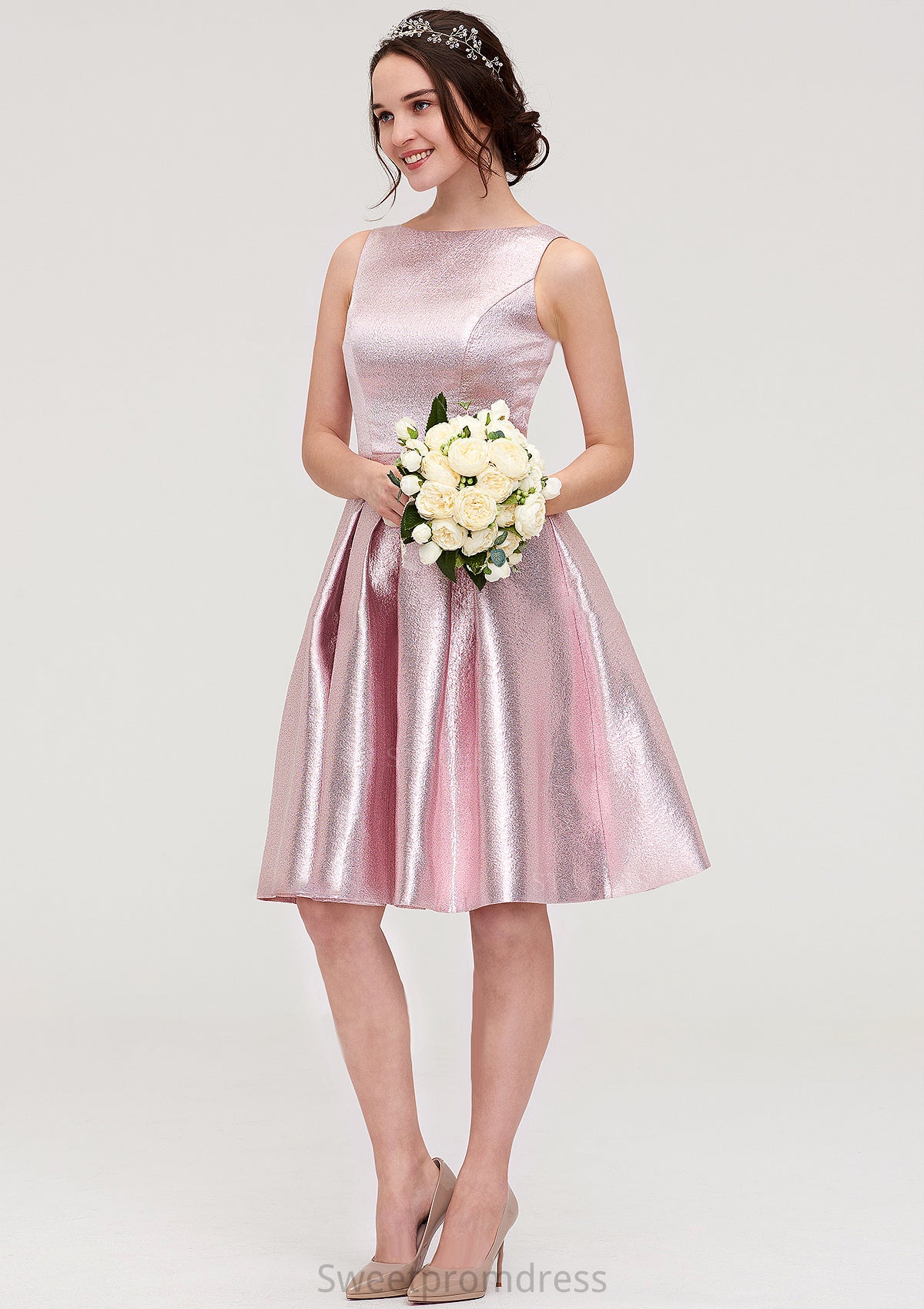 Bateau Sleeveless Taffeta Knee-Length A-line/Princess Bridesmaid Dresses With Ruffles  -   Thea DHP0025444