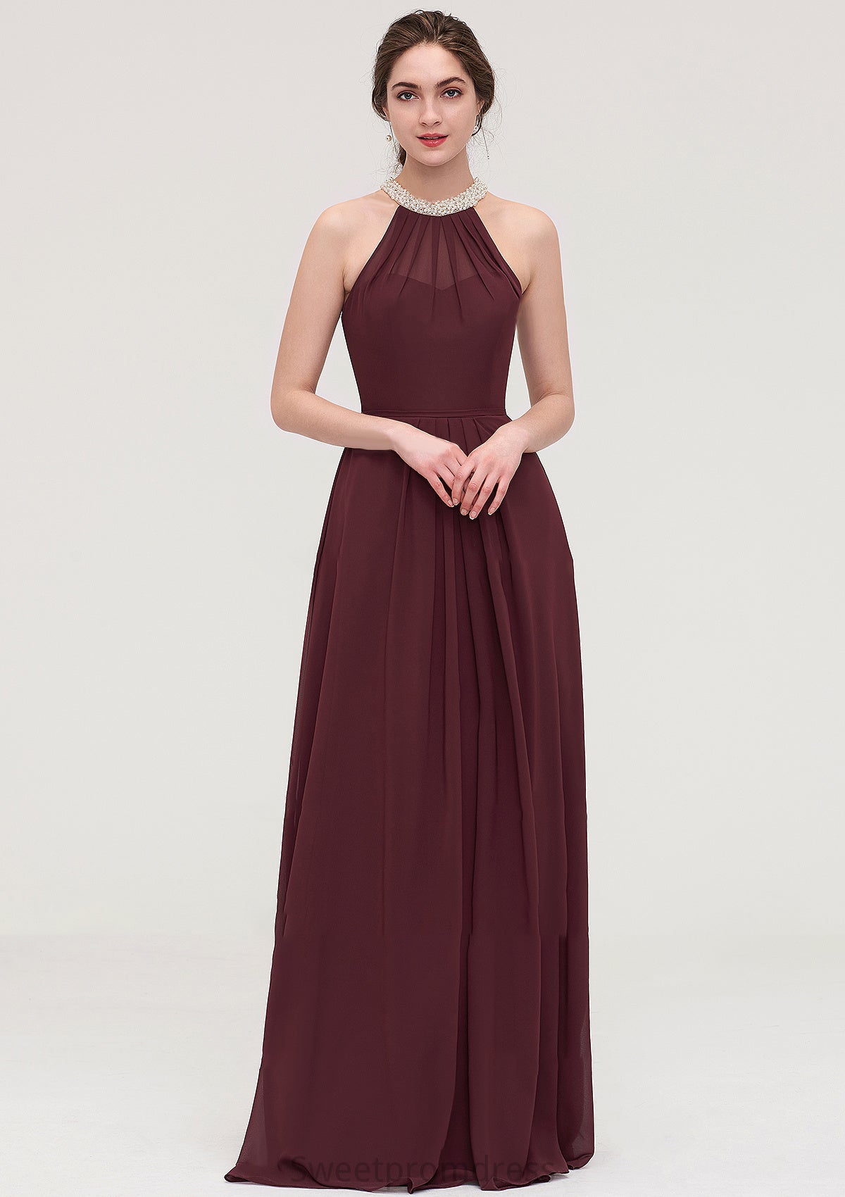 Sleeveless Halter Long/Floor-Length Chiffon A-line/Princess Bridesmaid Dresses With Beading Pleated Jaylynn DHP0025445