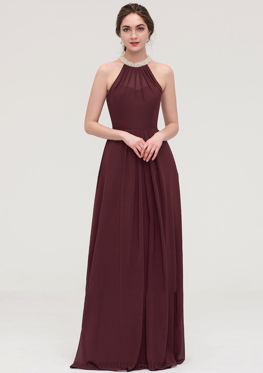 Sleeveless Halter Long/Floor-Length Chiffon A-line/Princess Bridesmaid Dresses With Beading Pleated Jaylynn DHP0025445