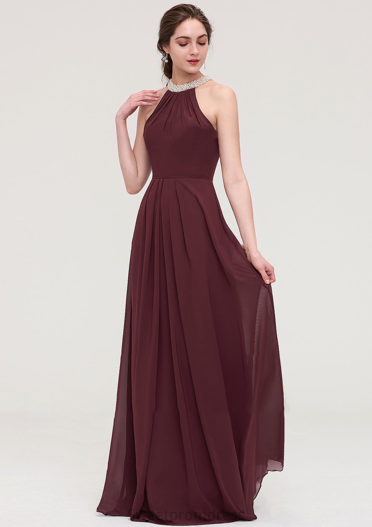 Sleeveless Halter Long/Floor-Length Chiffon A-line/Princess Bridesmaid Dresses With Beading Pleated Jaylynn DHP0025445