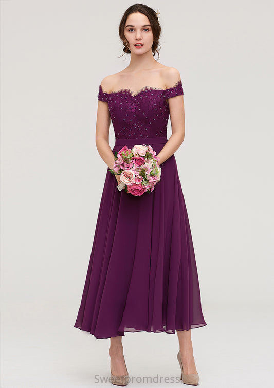 Off-the-Shoulder Sleeveless Tea-Length Chiffon A-line/Princess Bridesmaid Dresses With Lace Beading Renee DHP0025446