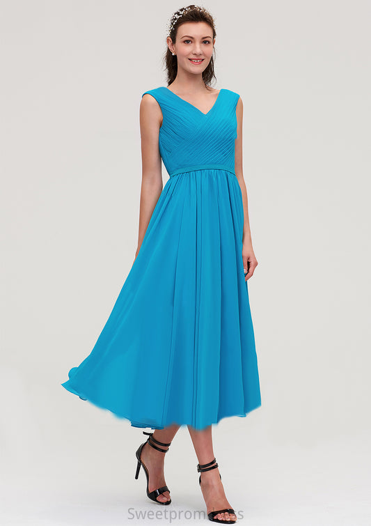 Sleeveless V Neck Tea-Length Chiffon A-line/Princess Bridesmaid Dresseses With Pleated Quinn DHP0025448