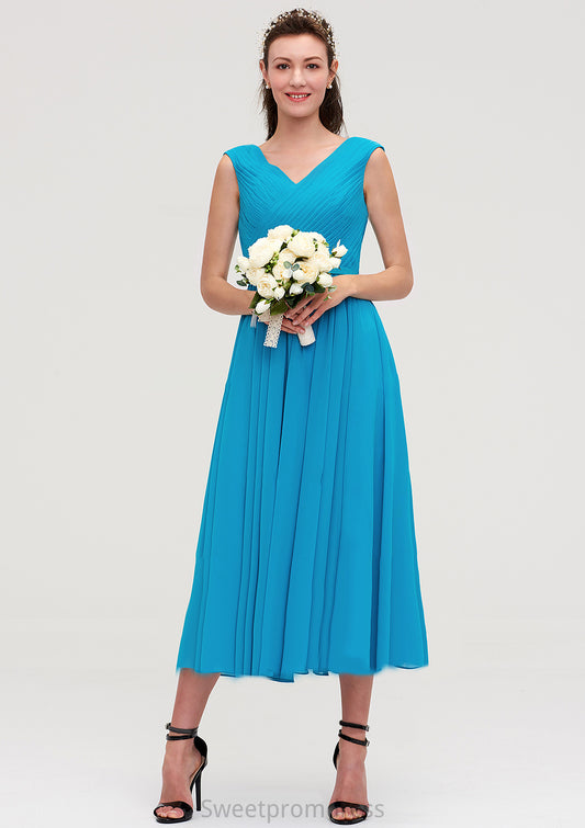 Sleeveless V Neck Tea-Length Chiffon A-line/Princess Bridesmaid Dresseses With Pleated Quinn DHP0025448