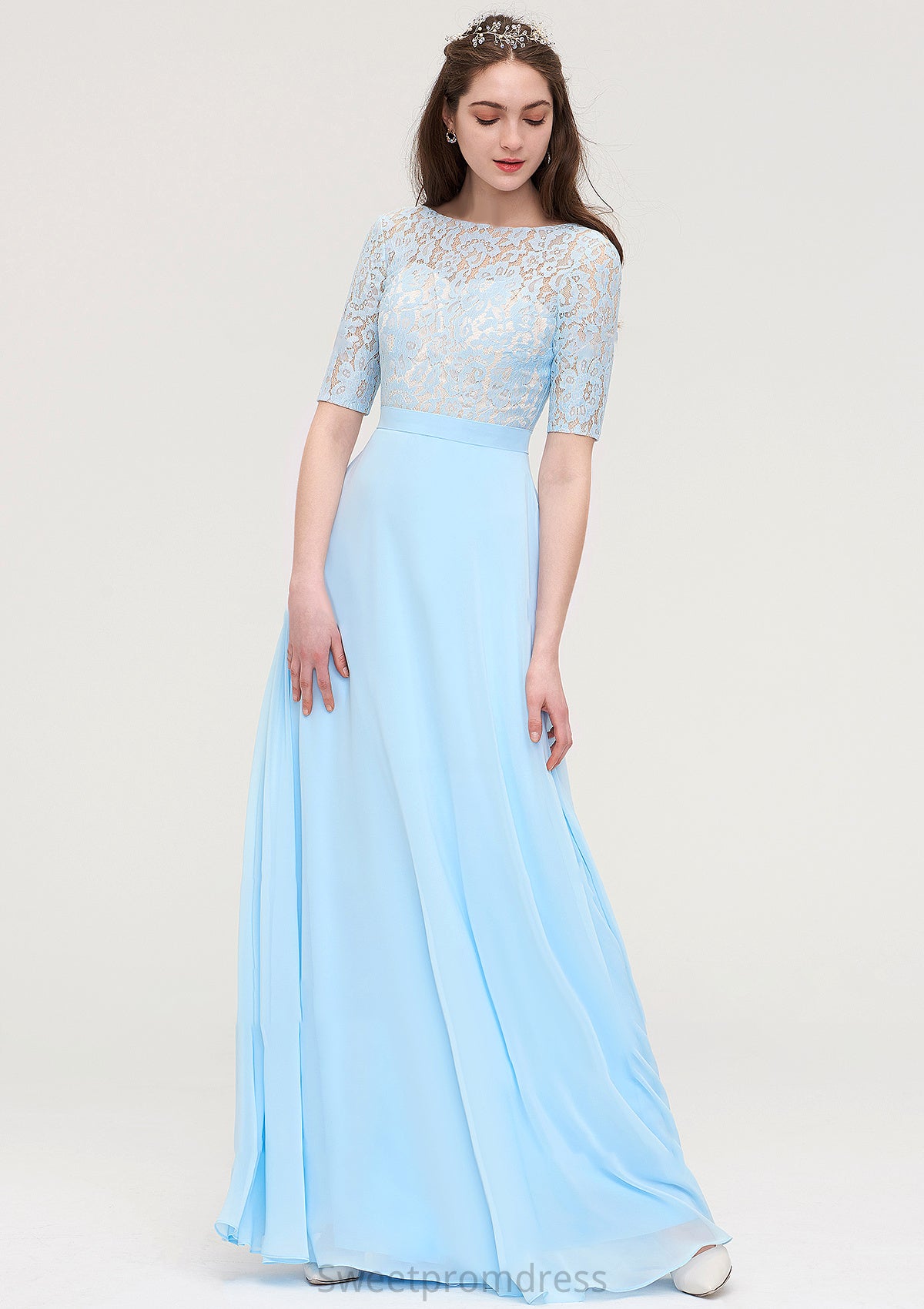 Half Sleeve Long/Floor-Length Bateau Chiffon A-line/Princess Bridesmaid Dresses With Lace Marlie DHP0025450