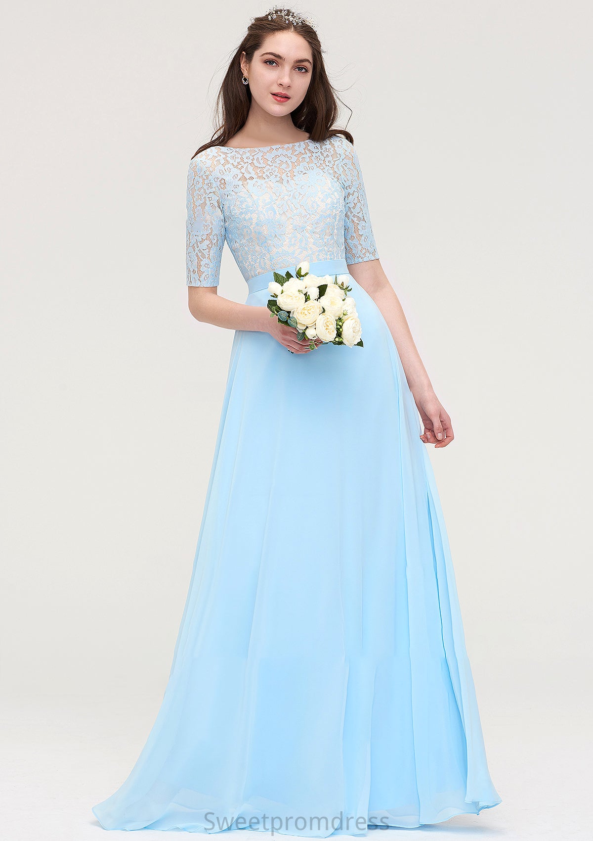 Half Sleeve Long/Floor-Length Bateau Chiffon A-line/Princess Bridesmaid Dresses With Lace Marlie DHP0025450