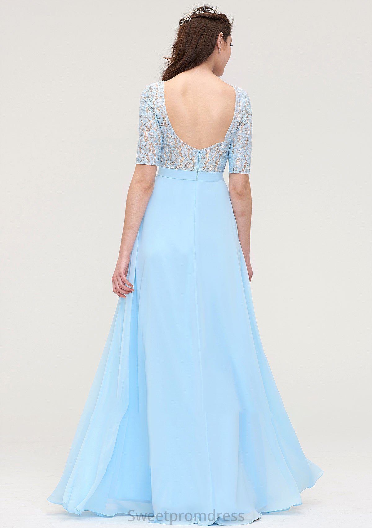 Half Sleeve Long/Floor-Length Bateau Chiffon A-line/Princess Bridesmaid Dresses With Lace Marlie DHP0025450