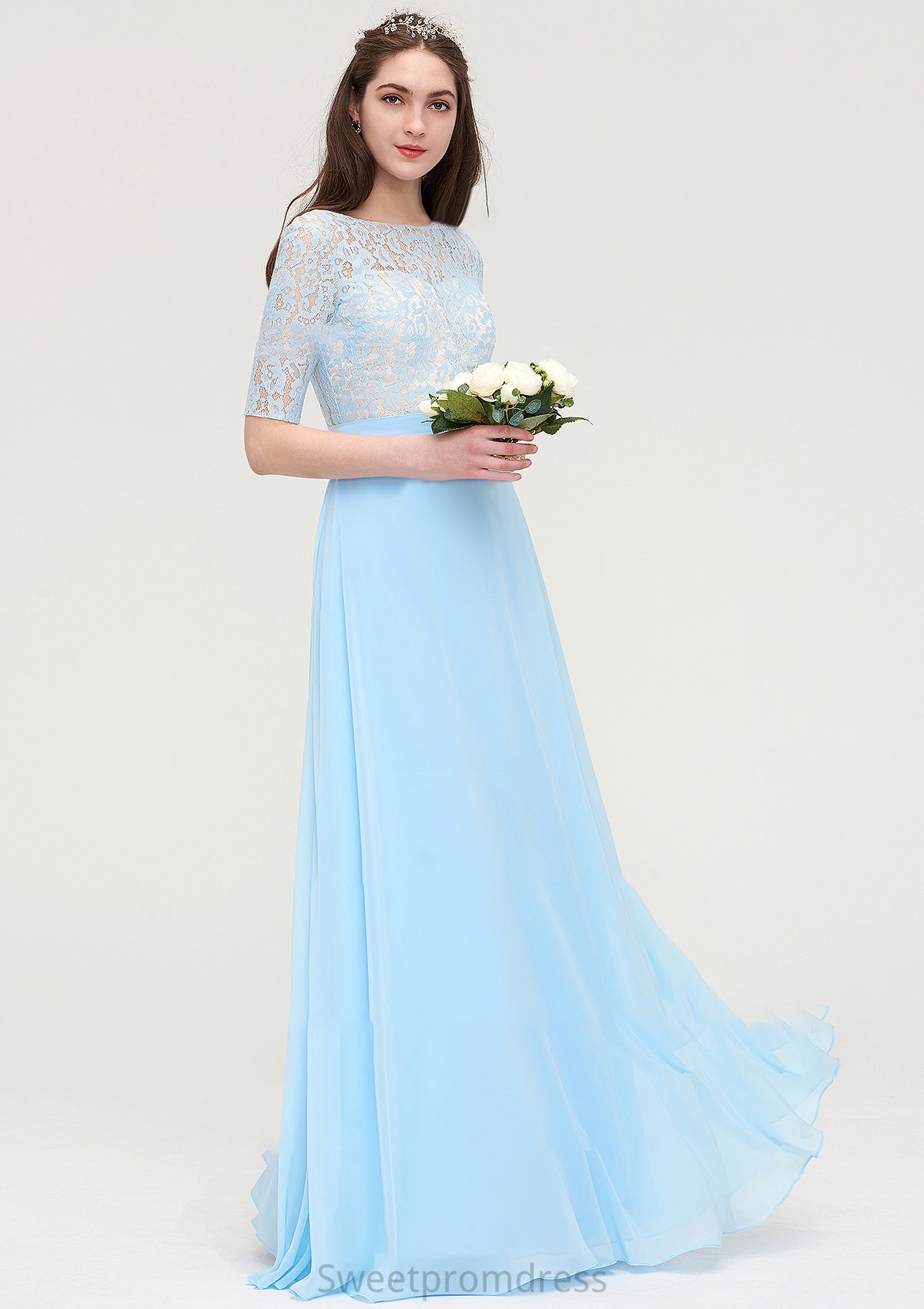 Half Sleeve Long/Floor-Length Bateau Chiffon A-line/Princess Bridesmaid Dresses With Lace Marlie DHP0025450