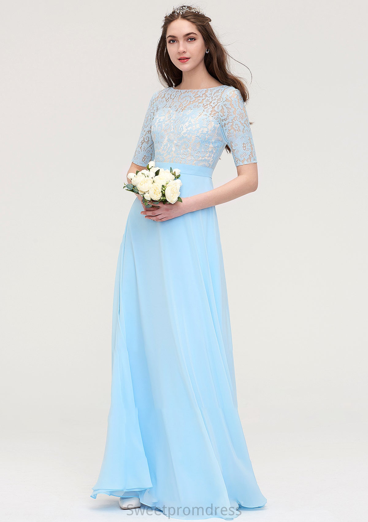 Half Sleeve Long/Floor-Length Bateau Chiffon A-line/Princess Bridesmaid Dresses With Lace Marlie DHP0025450