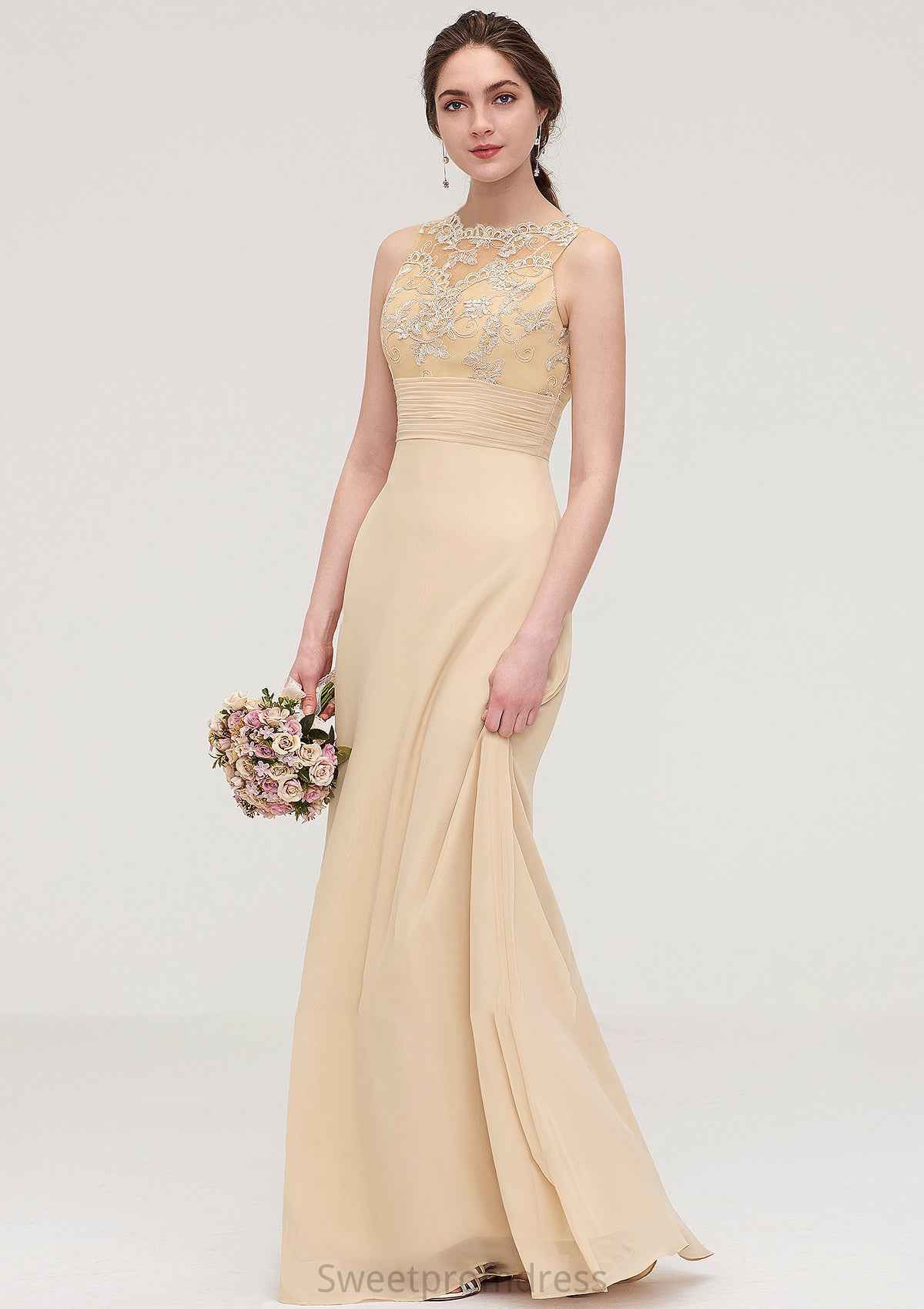 Sleeveless Halter Open Back Long/Floor-Length Sheath/Column Chiffon Bridesmaid Dresses With Pleated Lace Julie DHP0025451