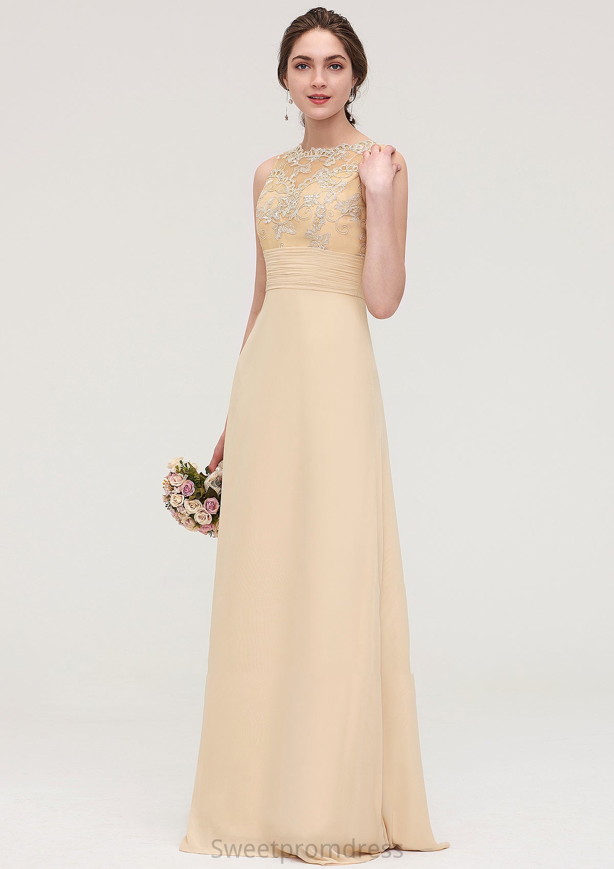 Sleeveless Halter Open Back Long/Floor-Length Sheath/Column Chiffon Bridesmaid Dresses With Pleated Lace Julie DHP0025451